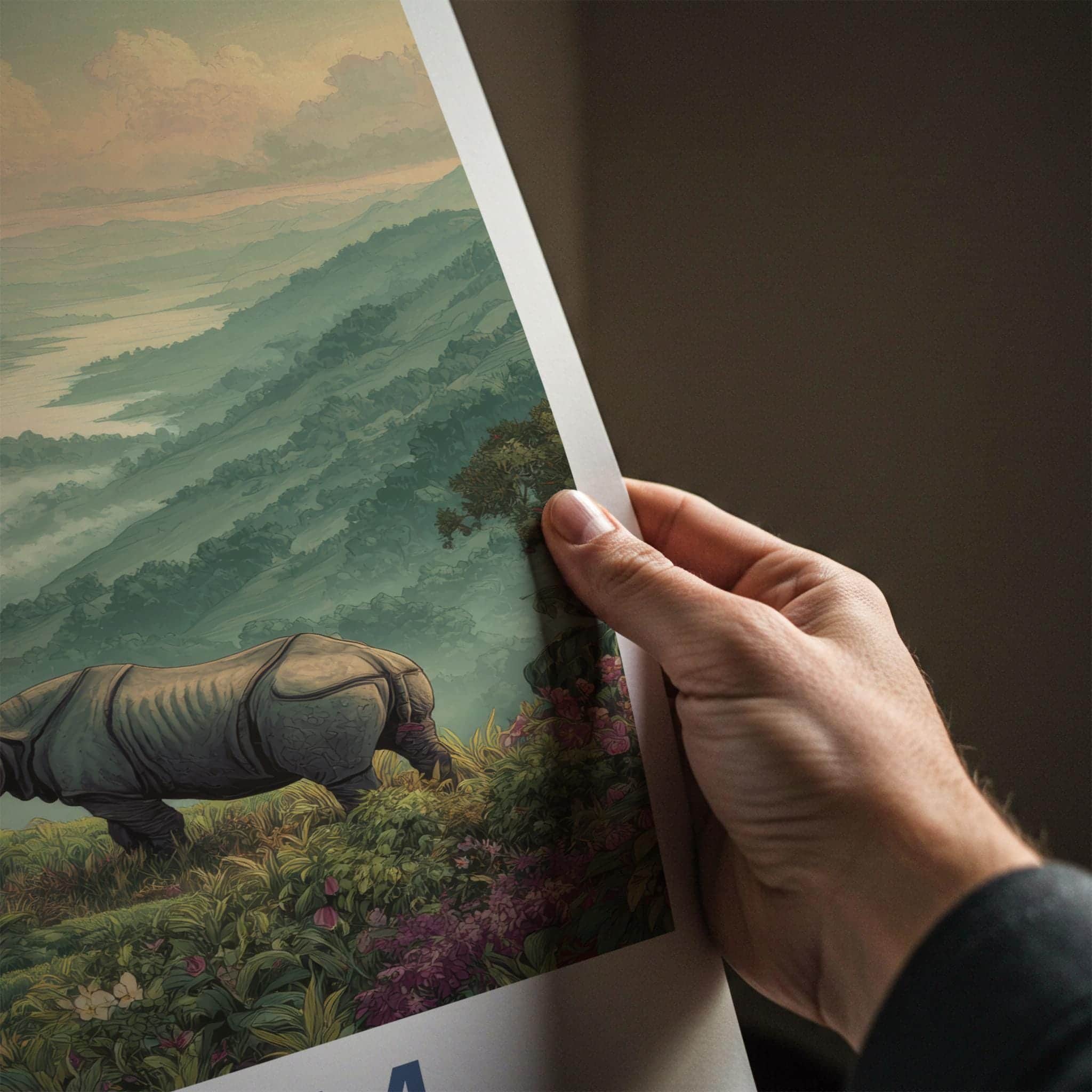 Assam Poster - India Travel Art - Assam Rhinoceros Mountain View Home Decor