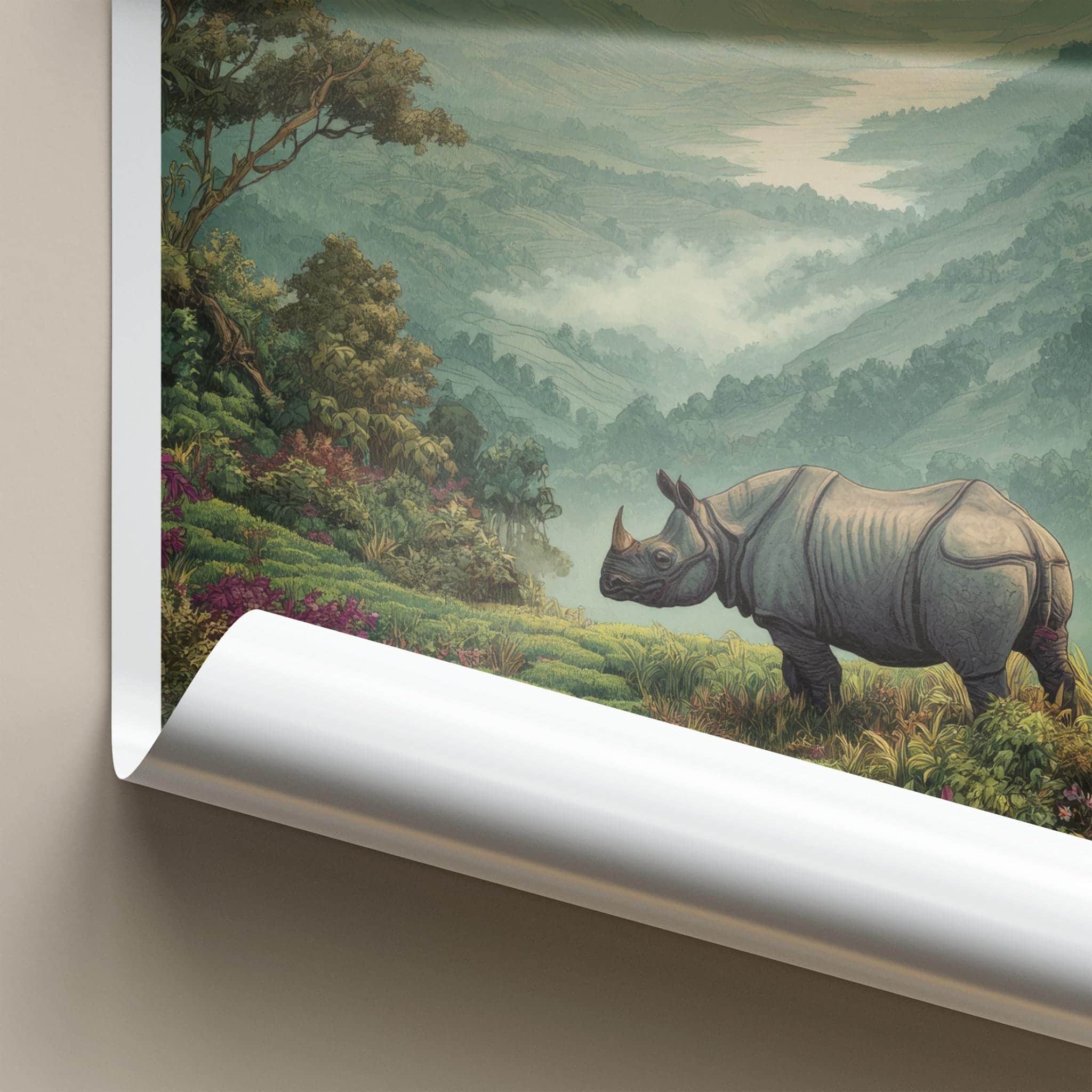 Assam Poster - India Travel Art - Assam Rhinoceros Mountain View Home Decor