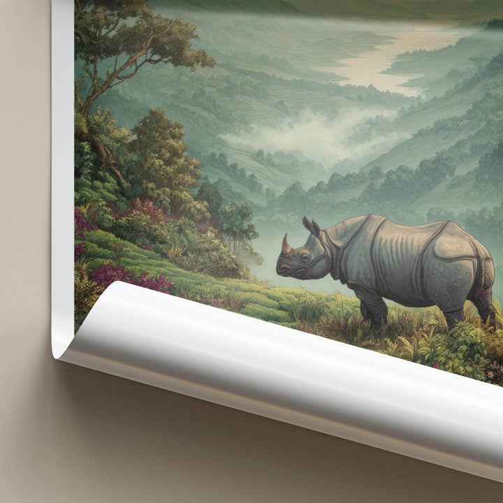 Assam Poster - India Travel Art - Assam Rhinoceros Mountain View Home Decor