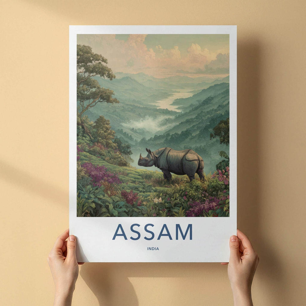 Assam Poster - India Travel Art - Assam Rhinoceros Mountain View Home Decor