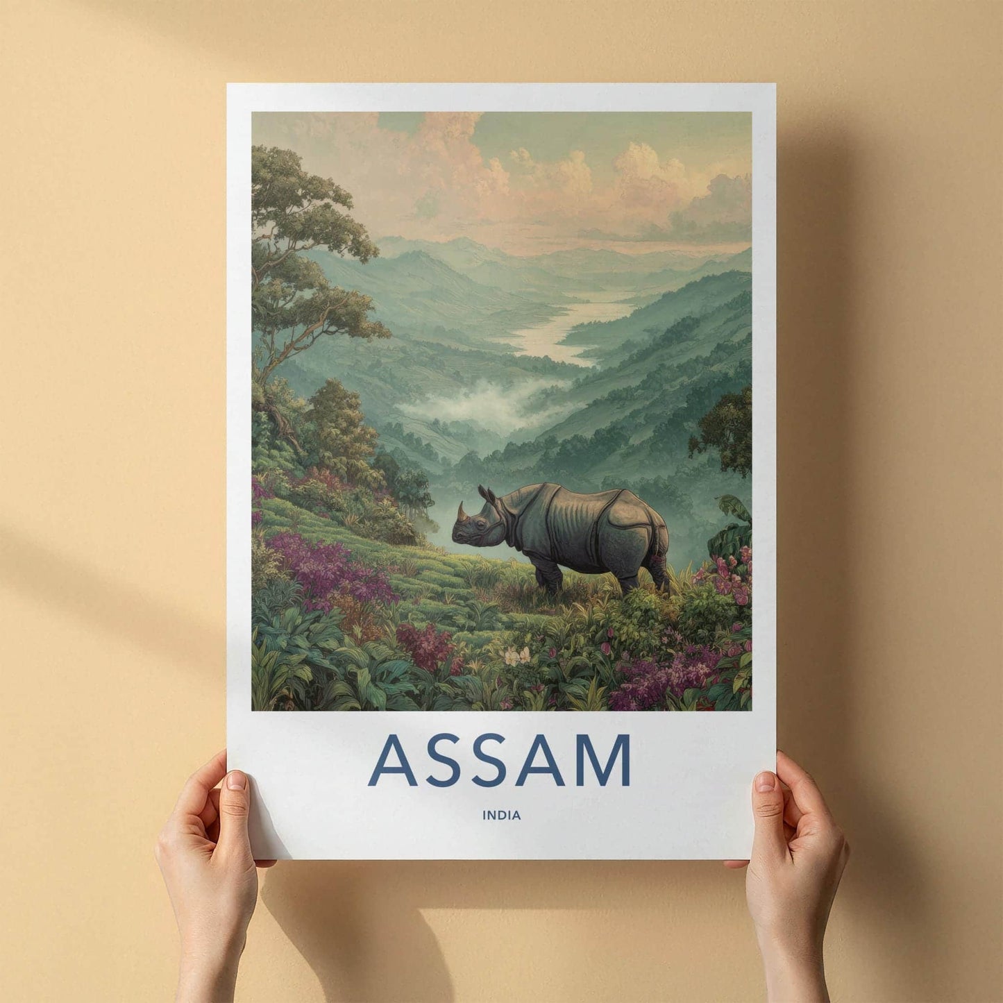 Assam Poster - India Travel Art - Assam Rhinoceros Mountain View Home Decor
