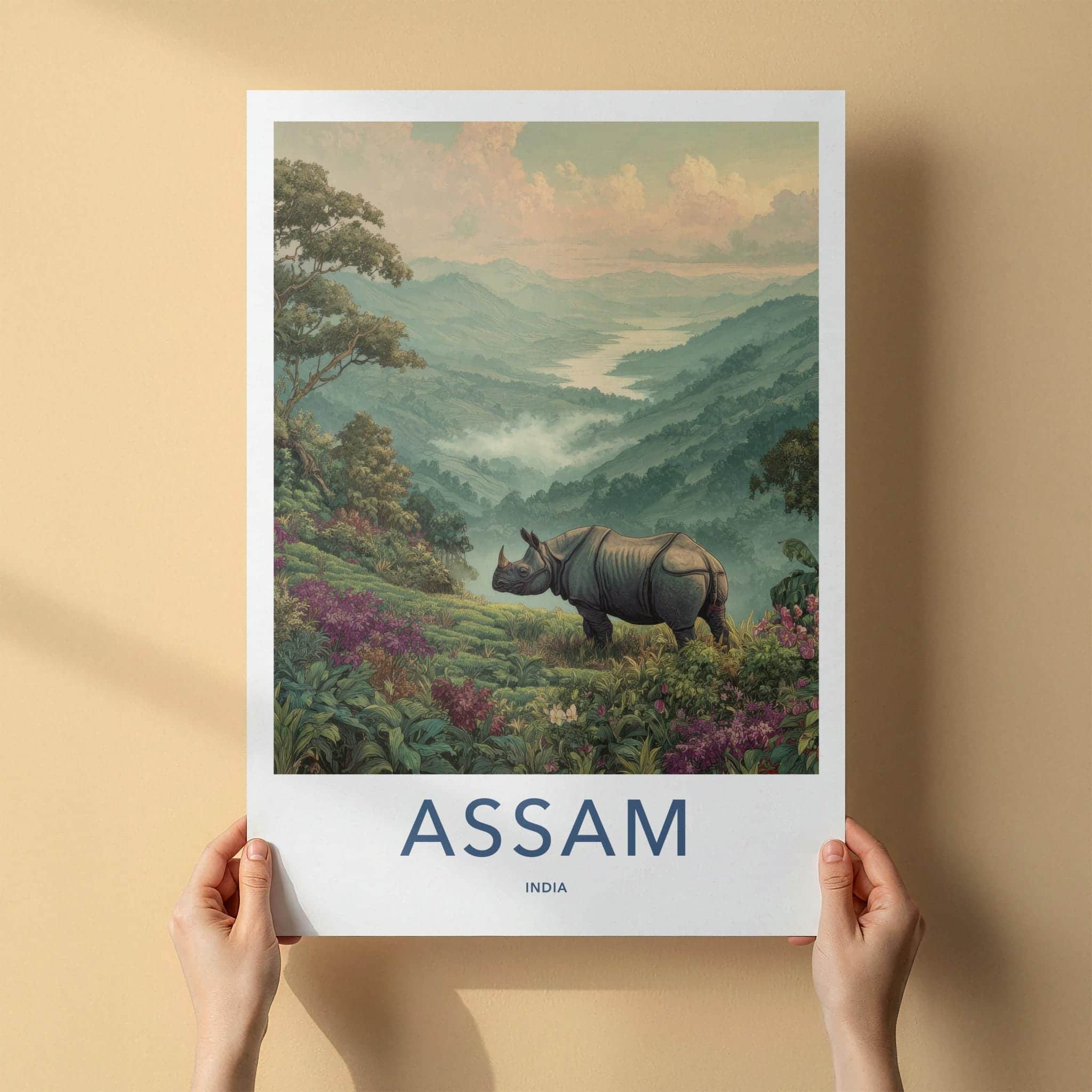 Assam Poster - India Travel Art - Assam Rhinoceros Mountain View Home Decor