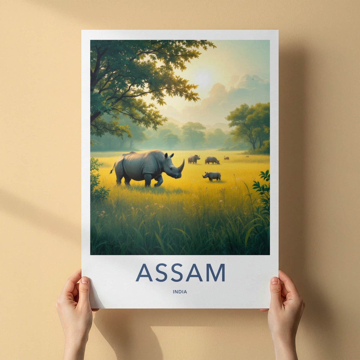 Assam Poster - India Travel Art - Assam Rhinos Golden Sunset Home Decor