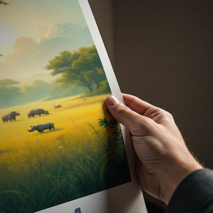 Assam Poster - India Travel Art - Assam Rhinos Golden Sunset Home Decor