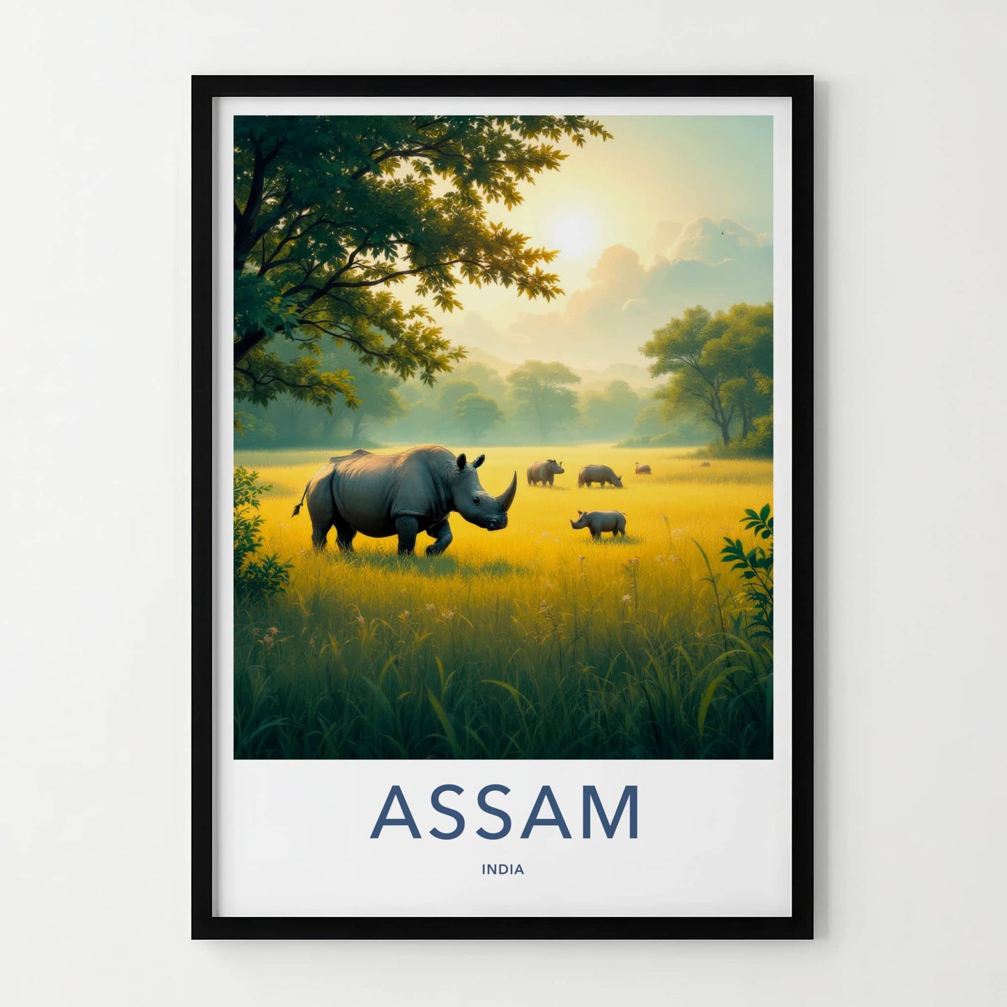 Assam Poster - India Travel Art - Assam Rhinos Golden Sunset Home Decor