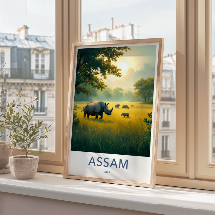 Assam Poster - India Travel Art - Assam Rhinos Golden Sunset Home Decor