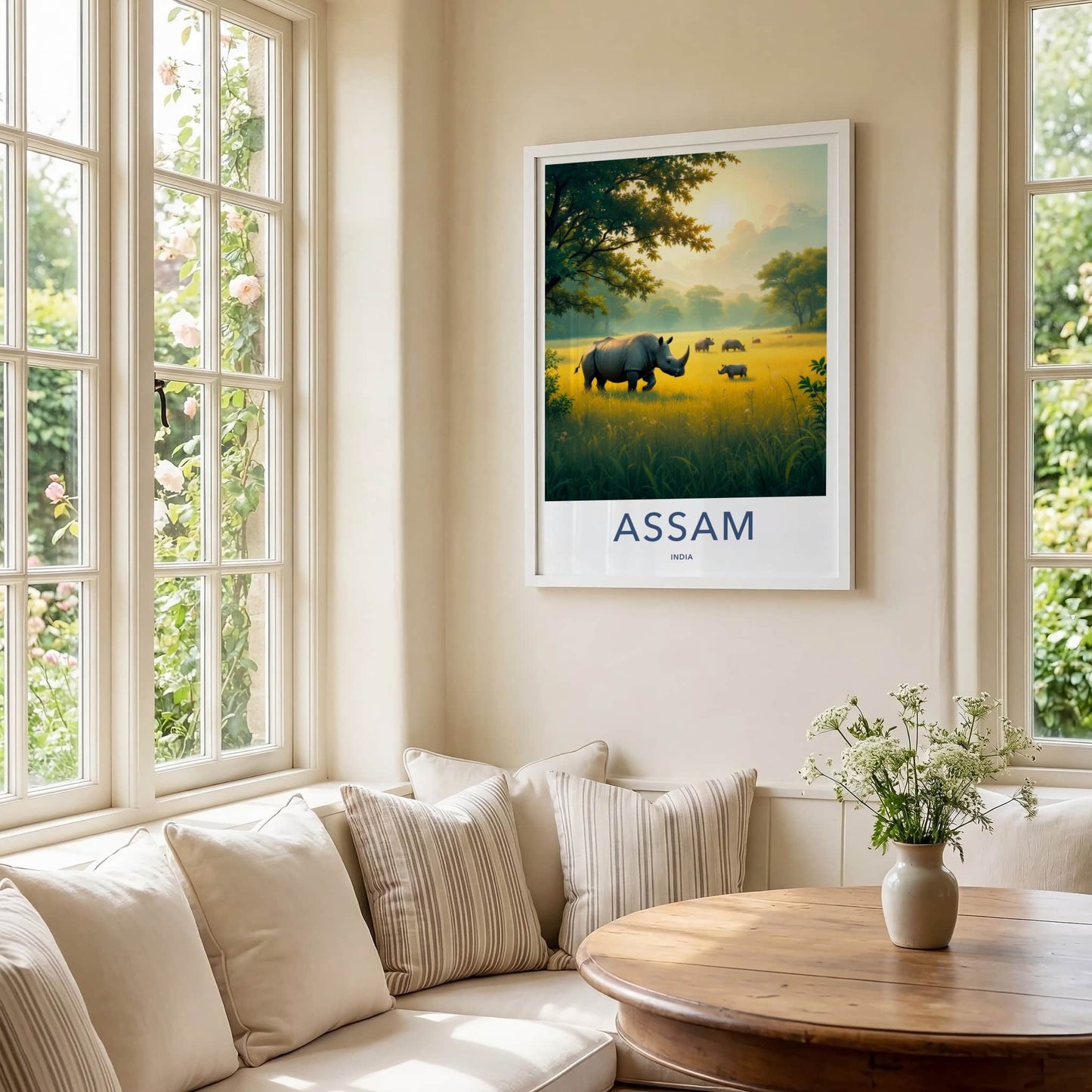 Assam Poster - India Travel Art - Assam Rhinos Golden Sunset Home Decor