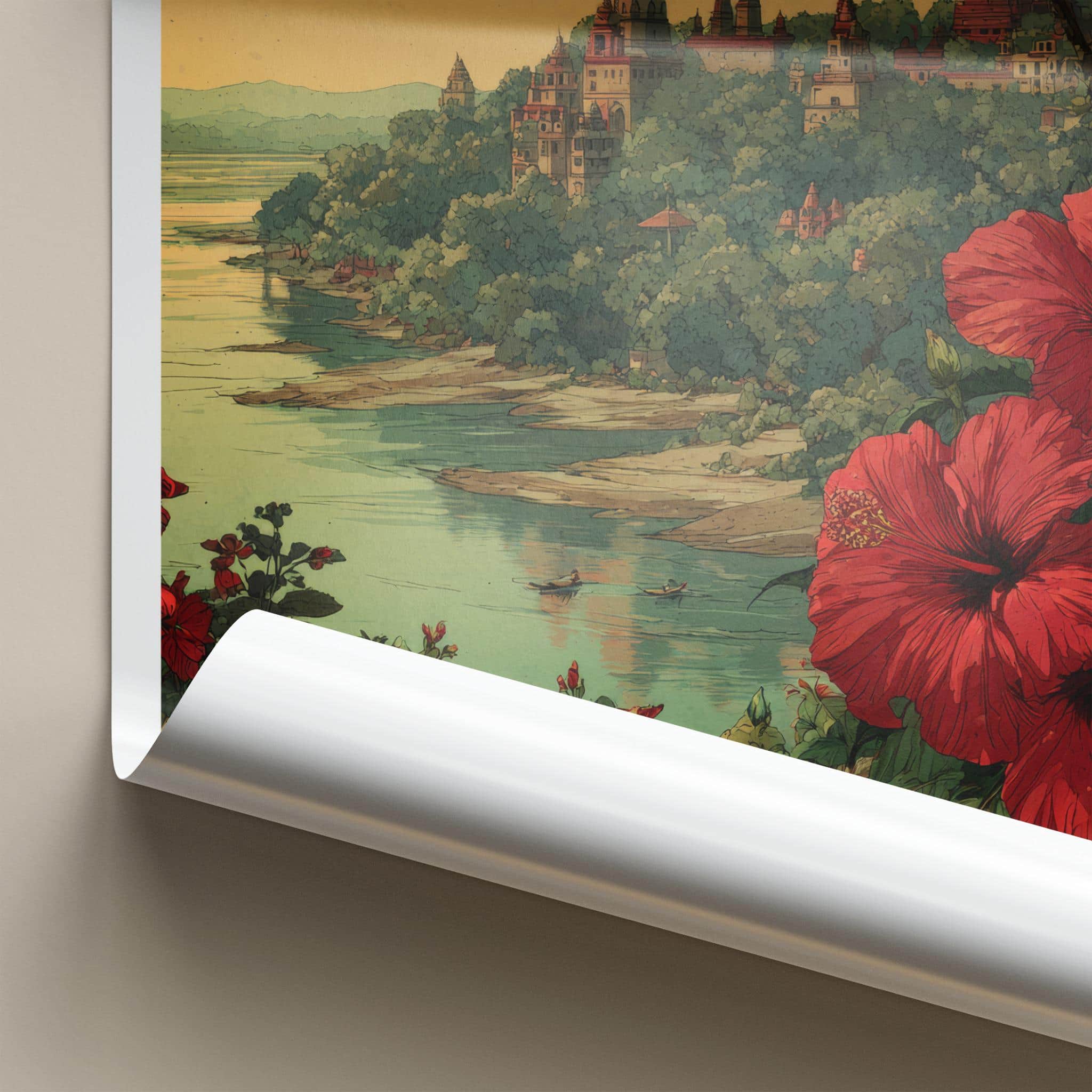 Assam Poster - India Travel Art - Hibiscus River Scene Wall Decor