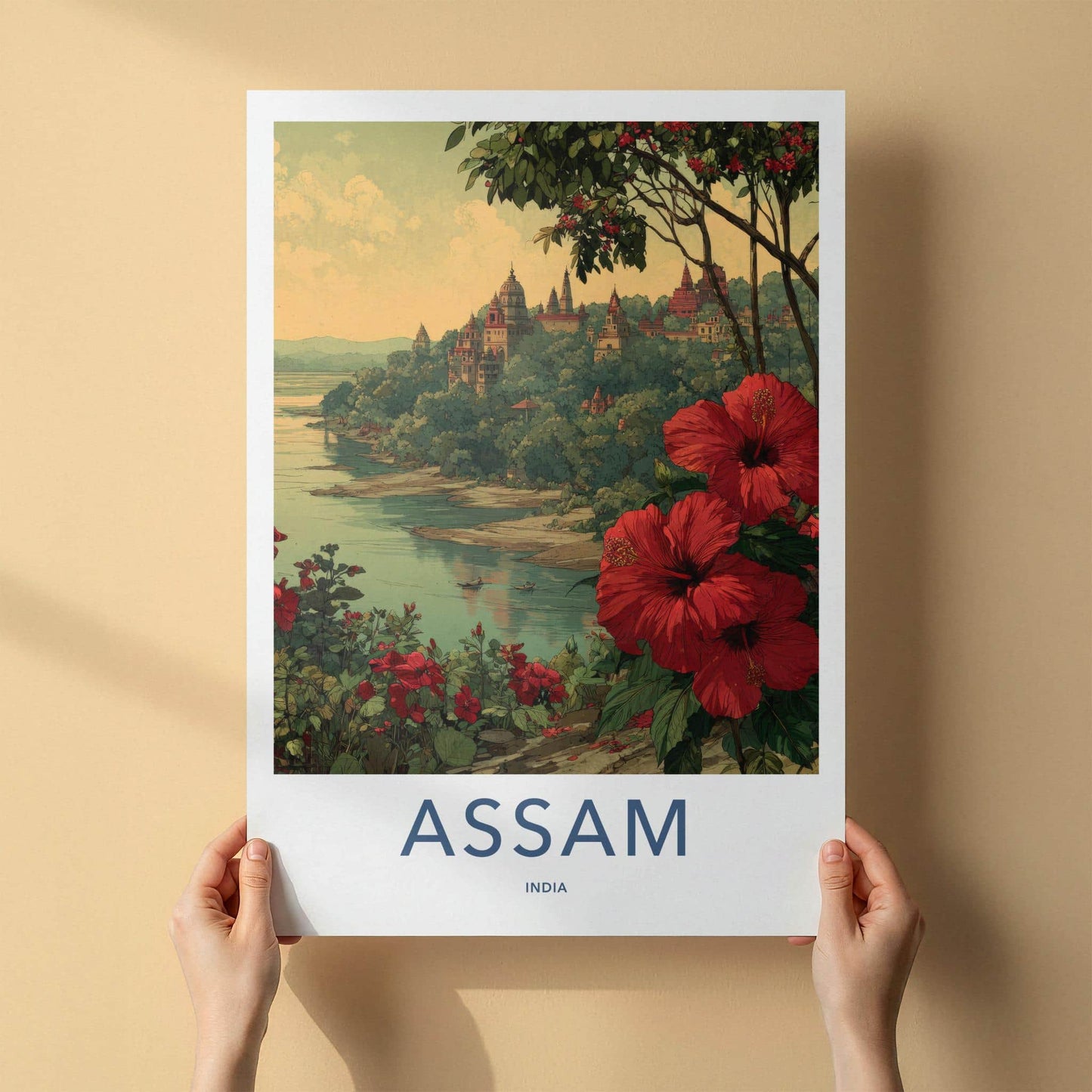 Assam Poster - India Travel Art - Hibiscus River Scene Wall Decor