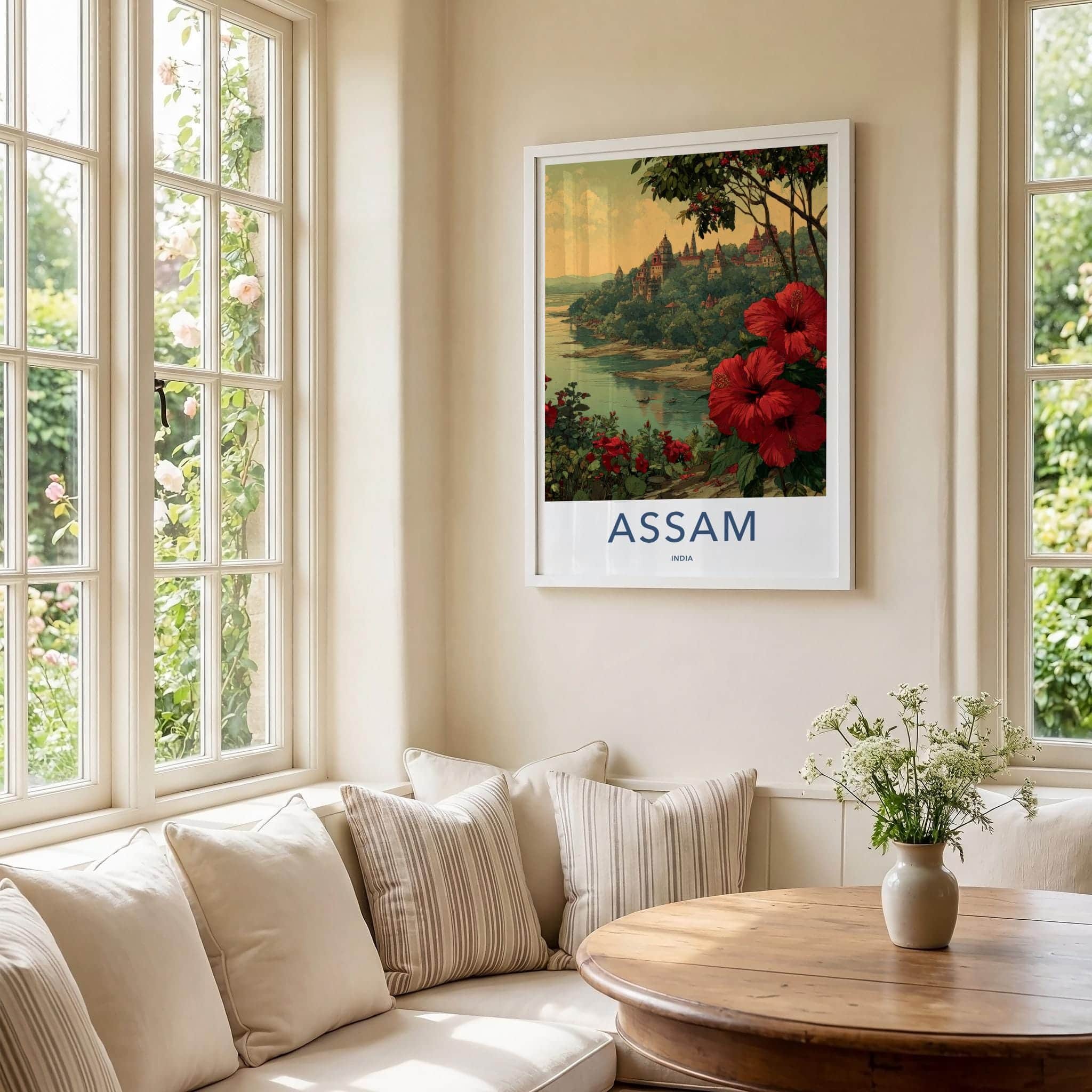 Assam Poster - India Travel Art - Hibiscus River Scene Wall Decor