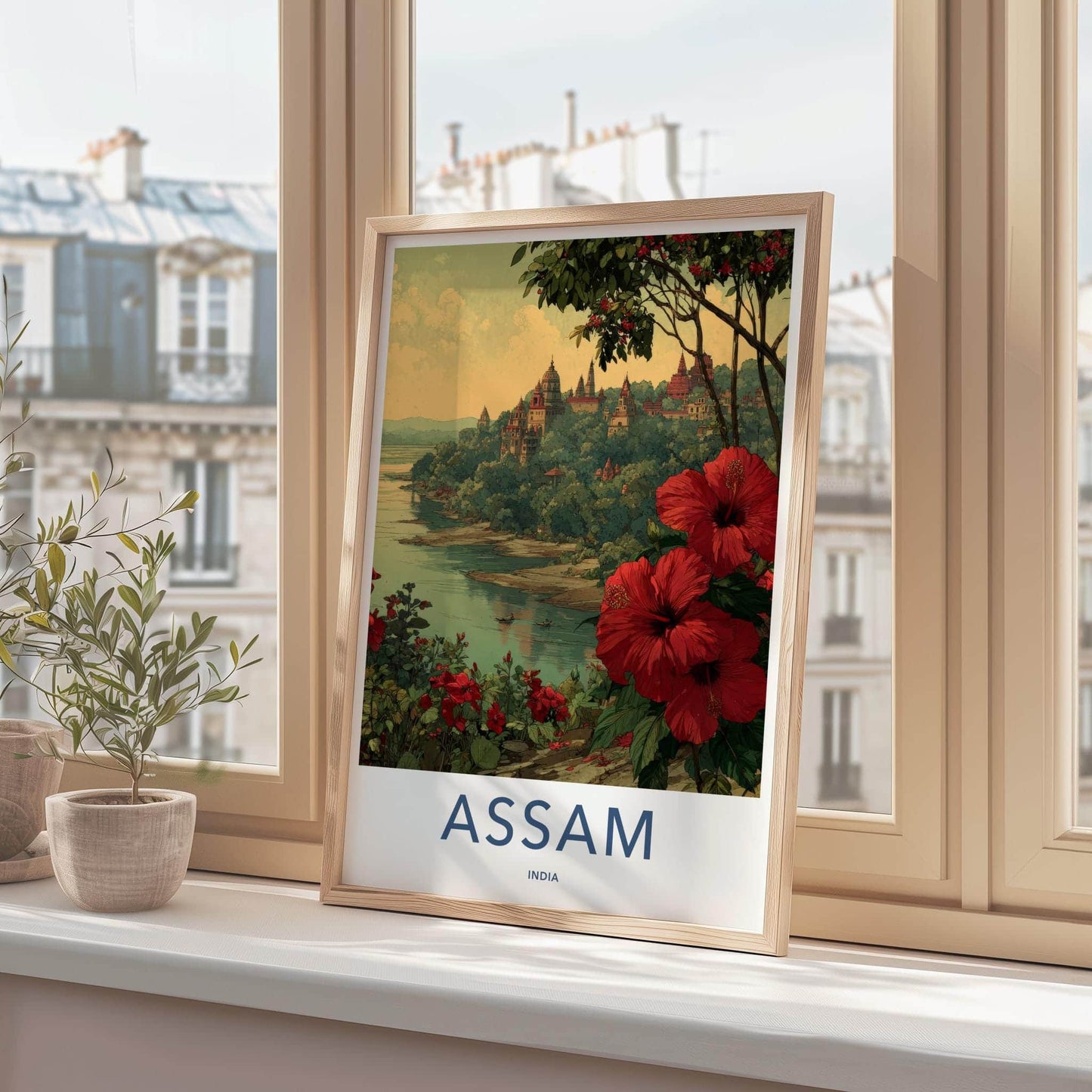 Assam Poster - India Travel Art - Hibiscus River Scene Wall Decor