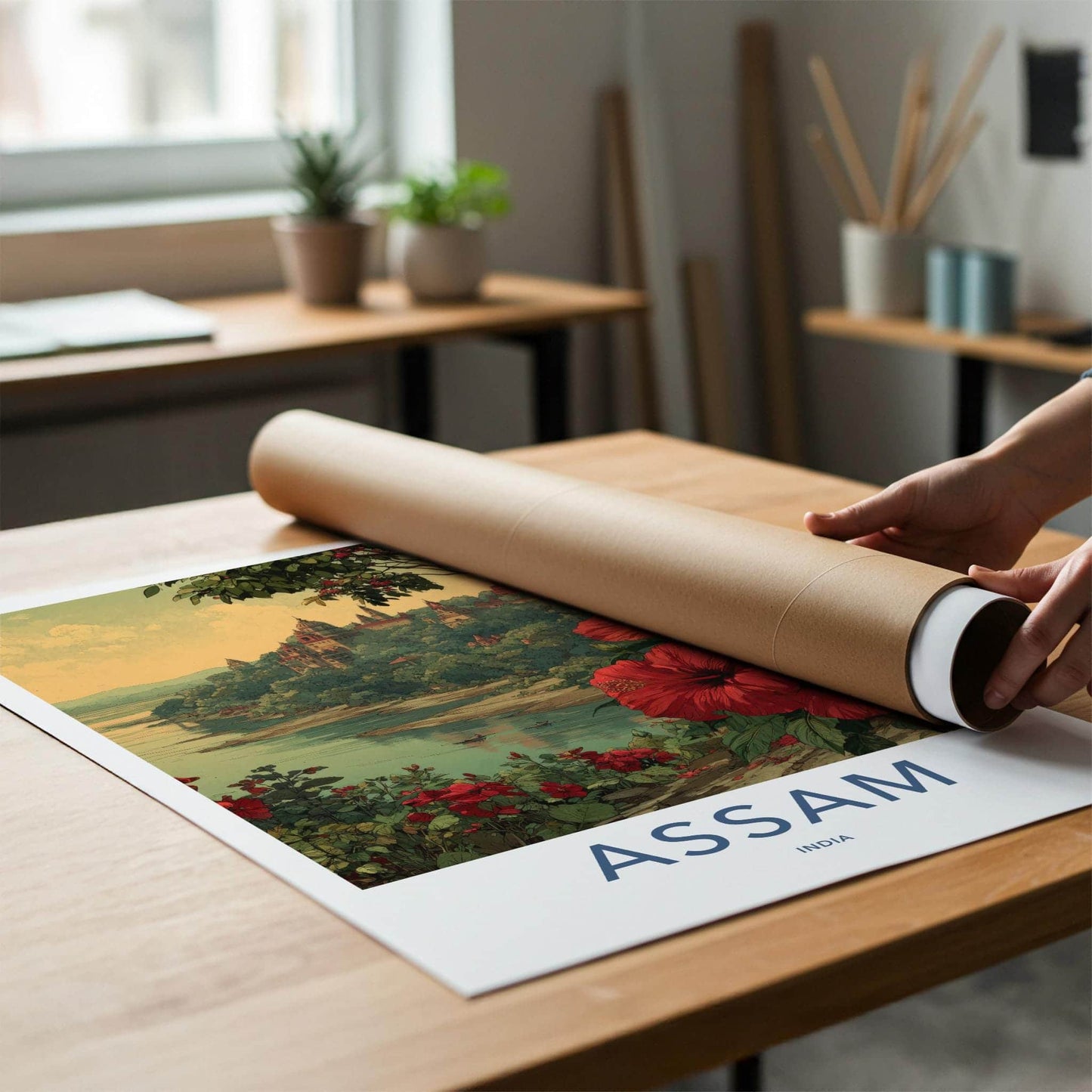 Assam Poster - India Travel Art - Hibiscus River Scene Wall Decor