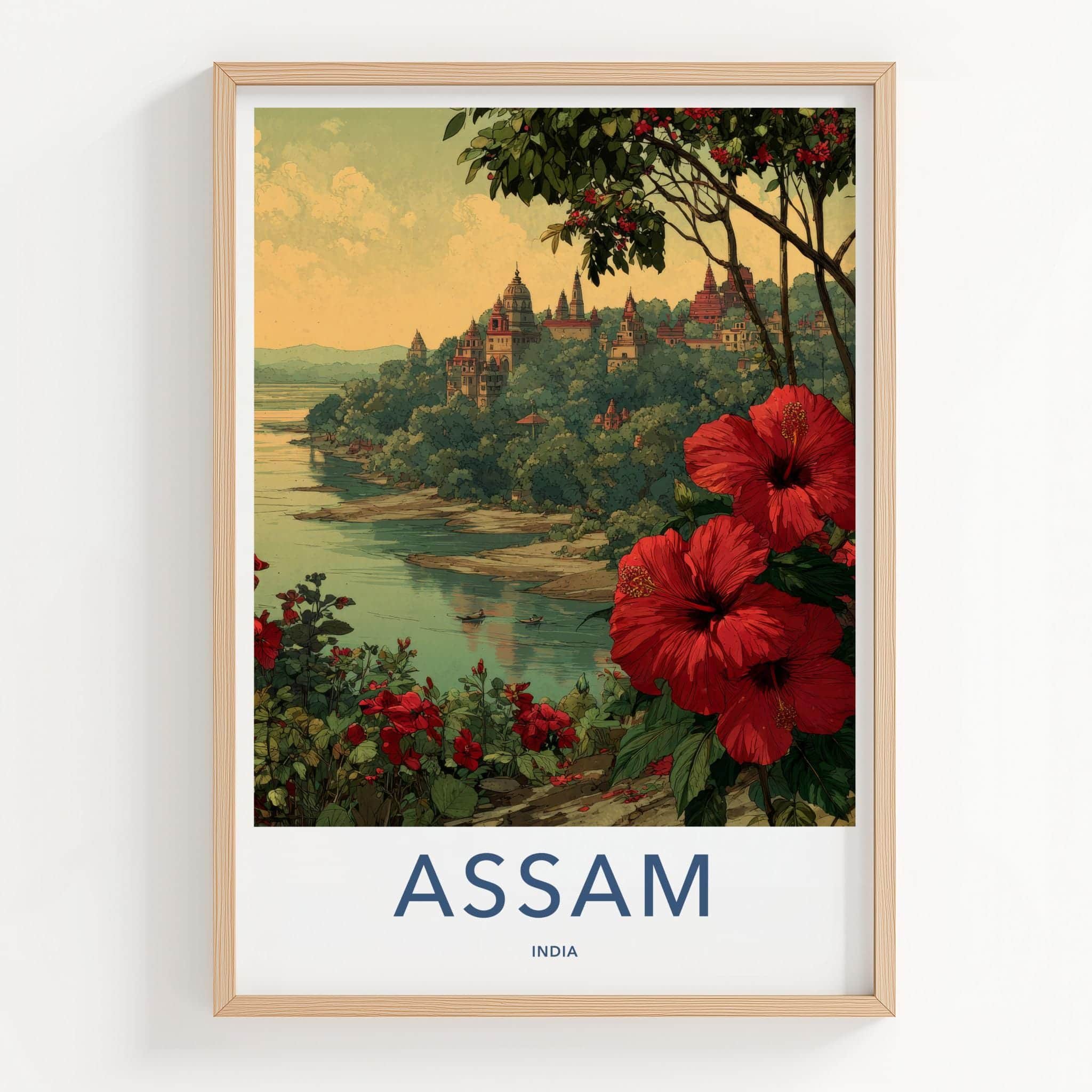 Assam Poster - India Travel Art - Hibiscus River Scene Wall Decor