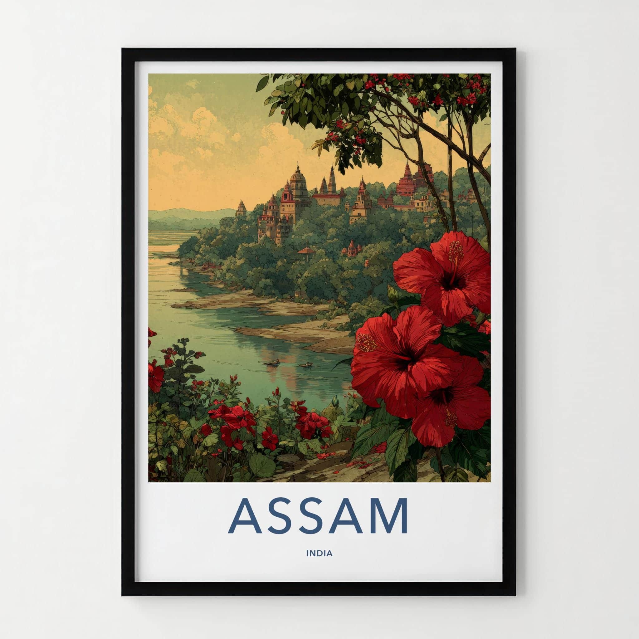 Assam Poster - India Travel Art - Hibiscus River Scene Wall Decor
