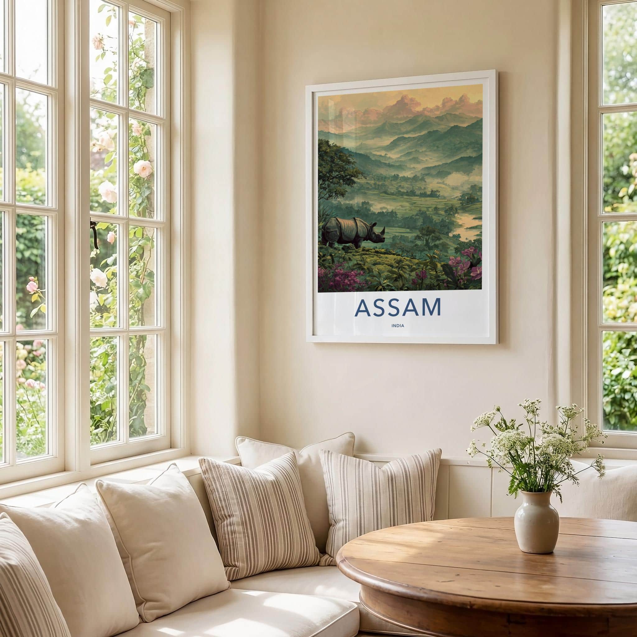 Assam Poster - India Travel Art - Rhino Misty Mountains Wall Decor