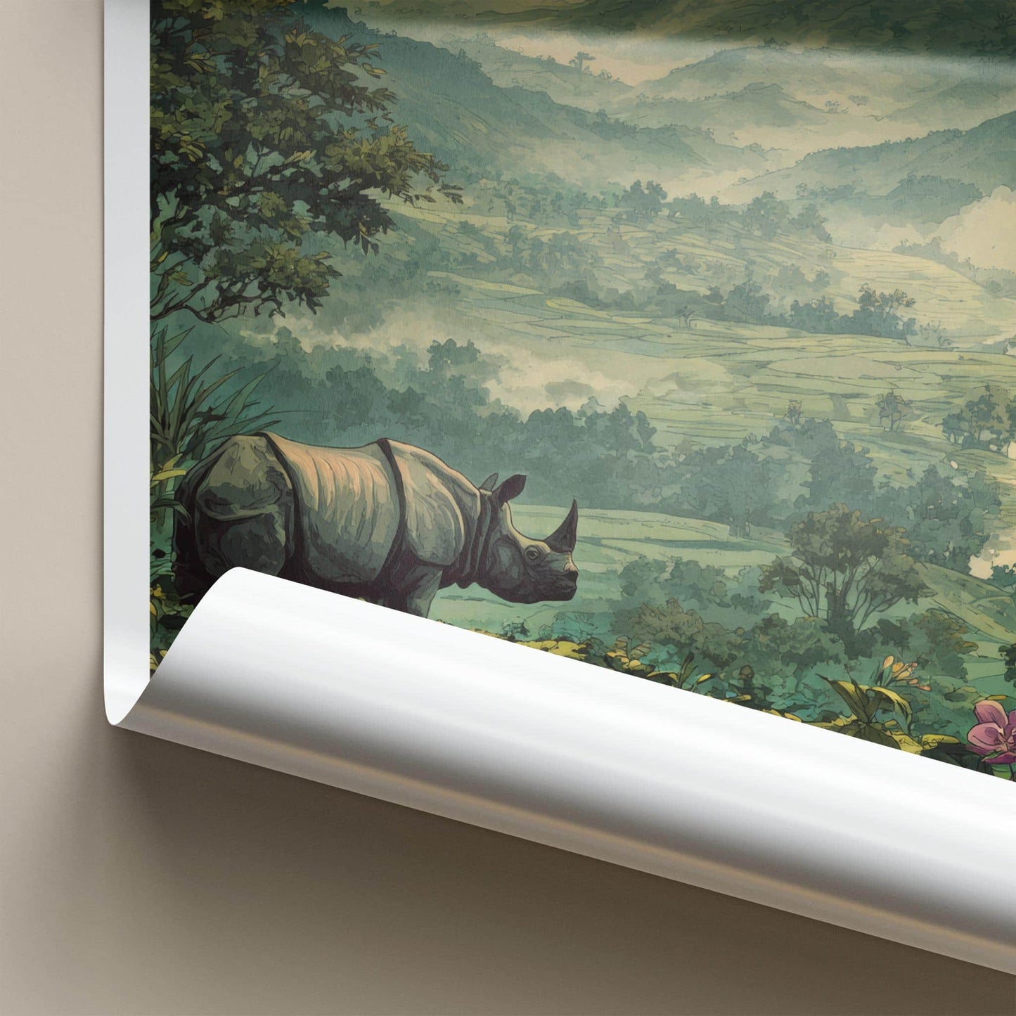 Assam Poster - India Travel Art - Rhino Misty Mountains Wall Decor