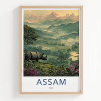 Assam Poster - India Travel Art - Rhino Misty Mountains Wall Decor
