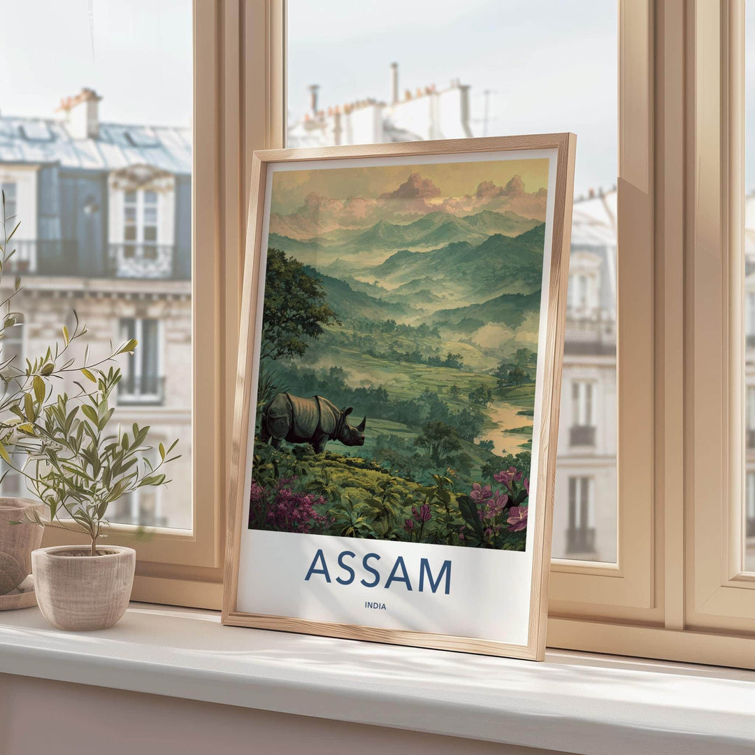 Assam Poster - India Travel Art - Rhino Misty Mountains Wall Decor