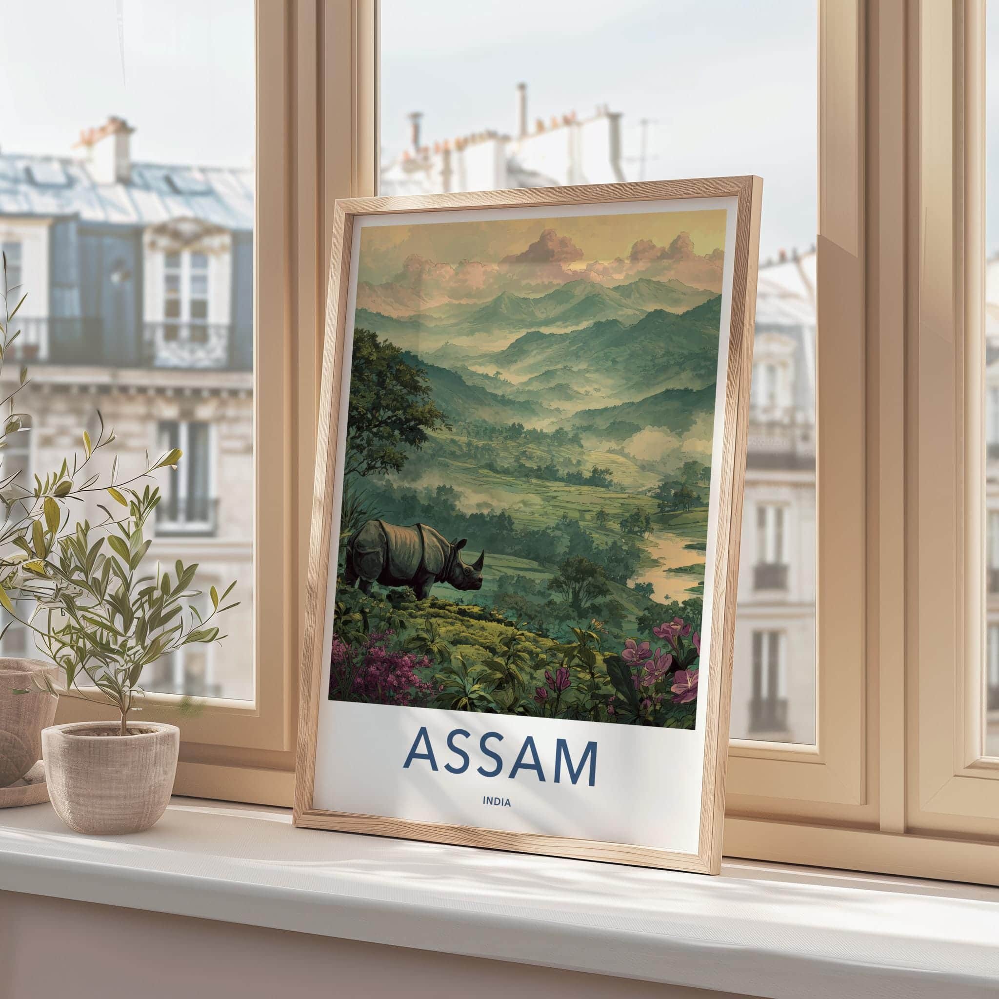 Assam Poster - India Travel Art - Rhino Misty Mountains Wall Decor