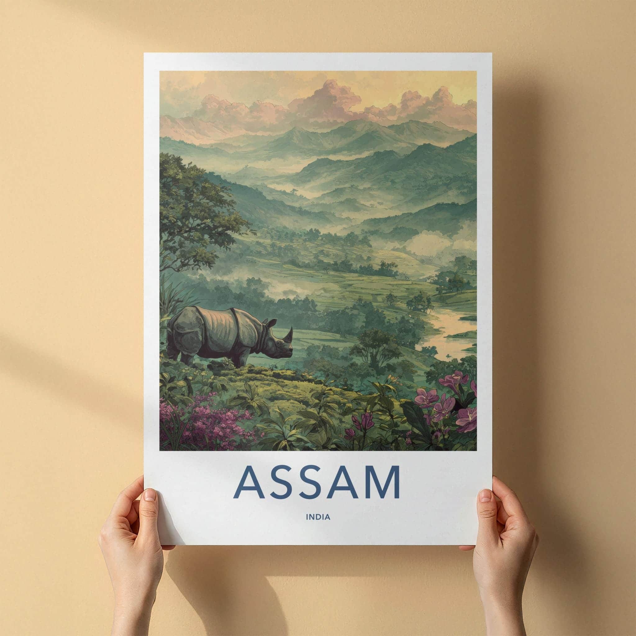 Assam Poster - India Travel Art - Rhino Misty Mountains Wall Decor