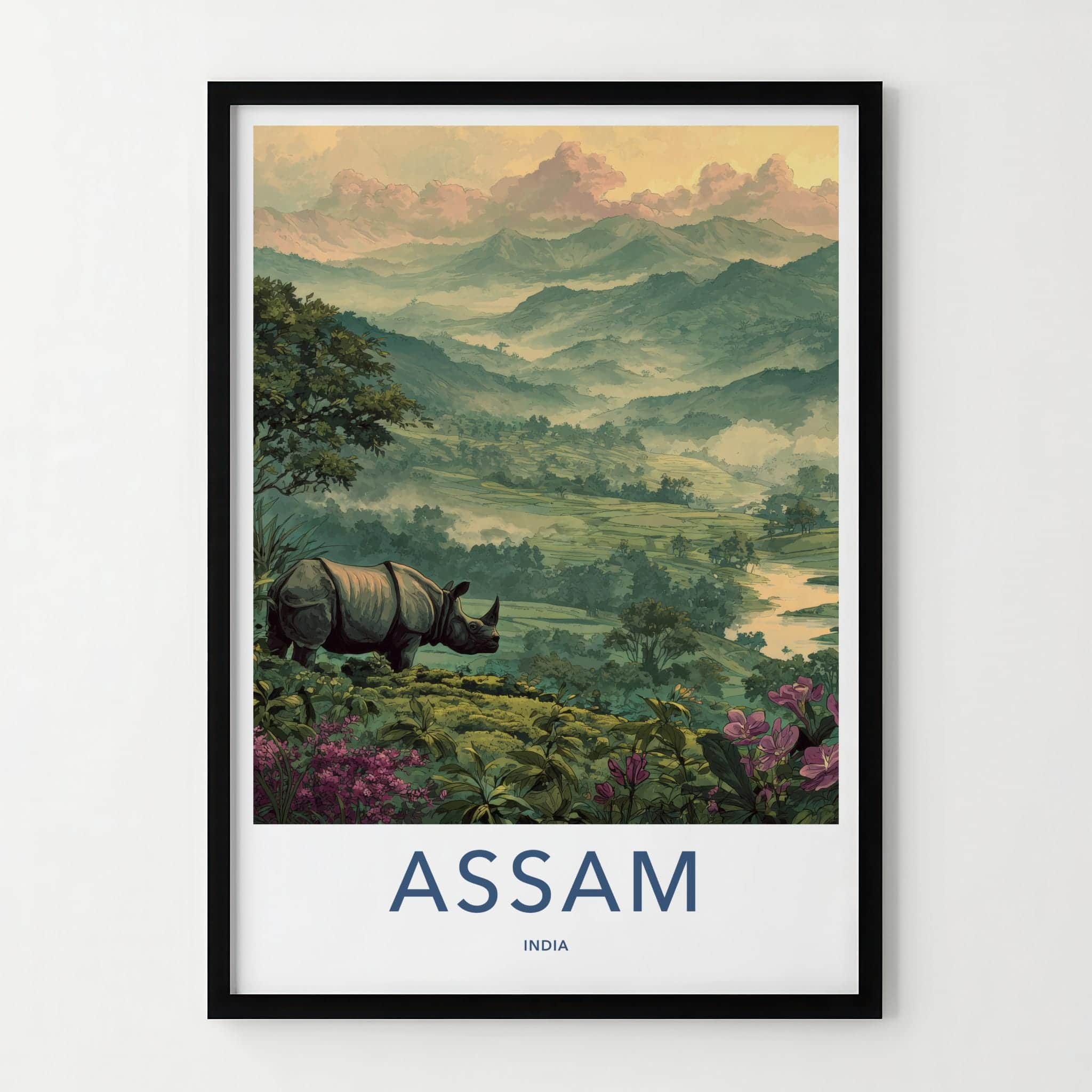 Assam Poster - India Travel Art - Rhino Misty Mountains Wall Decor