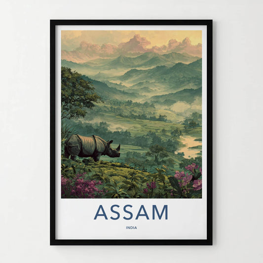 Assam Poster - India Travel Art - Rhino Misty Mountains Wall Decor