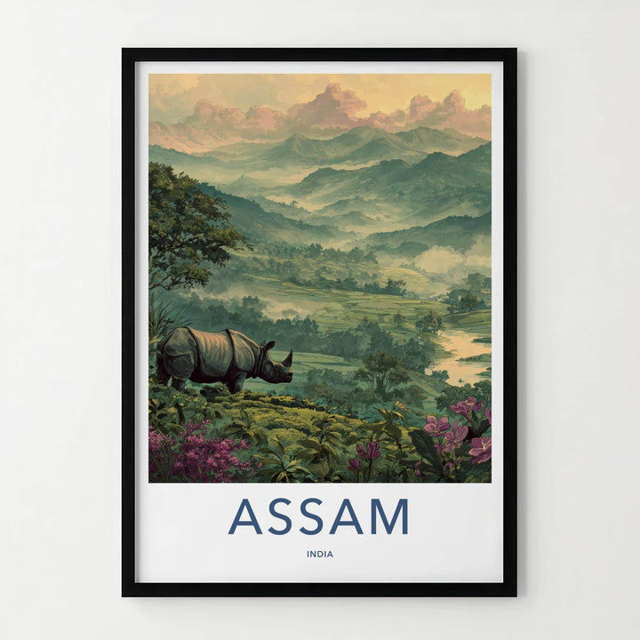 Assam Poster - India Travel Art - Rhino Misty Mountains Wall Decor