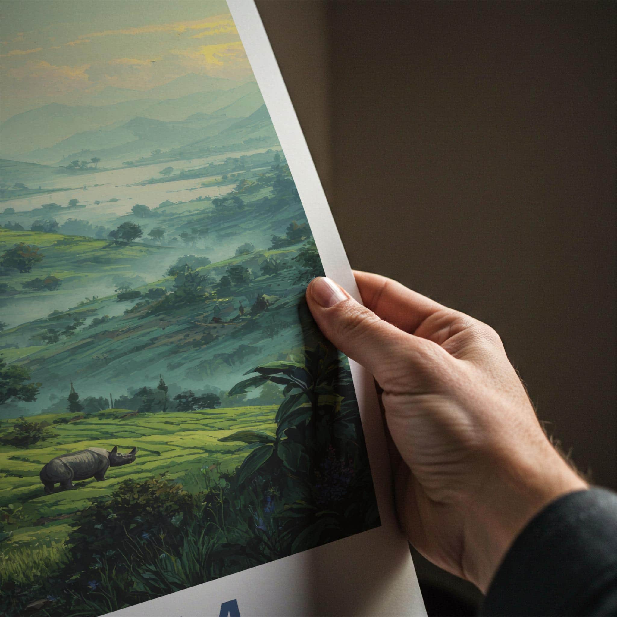 Assam Poster - India Travel Art - Rhinoceros lush hills Wall Decor