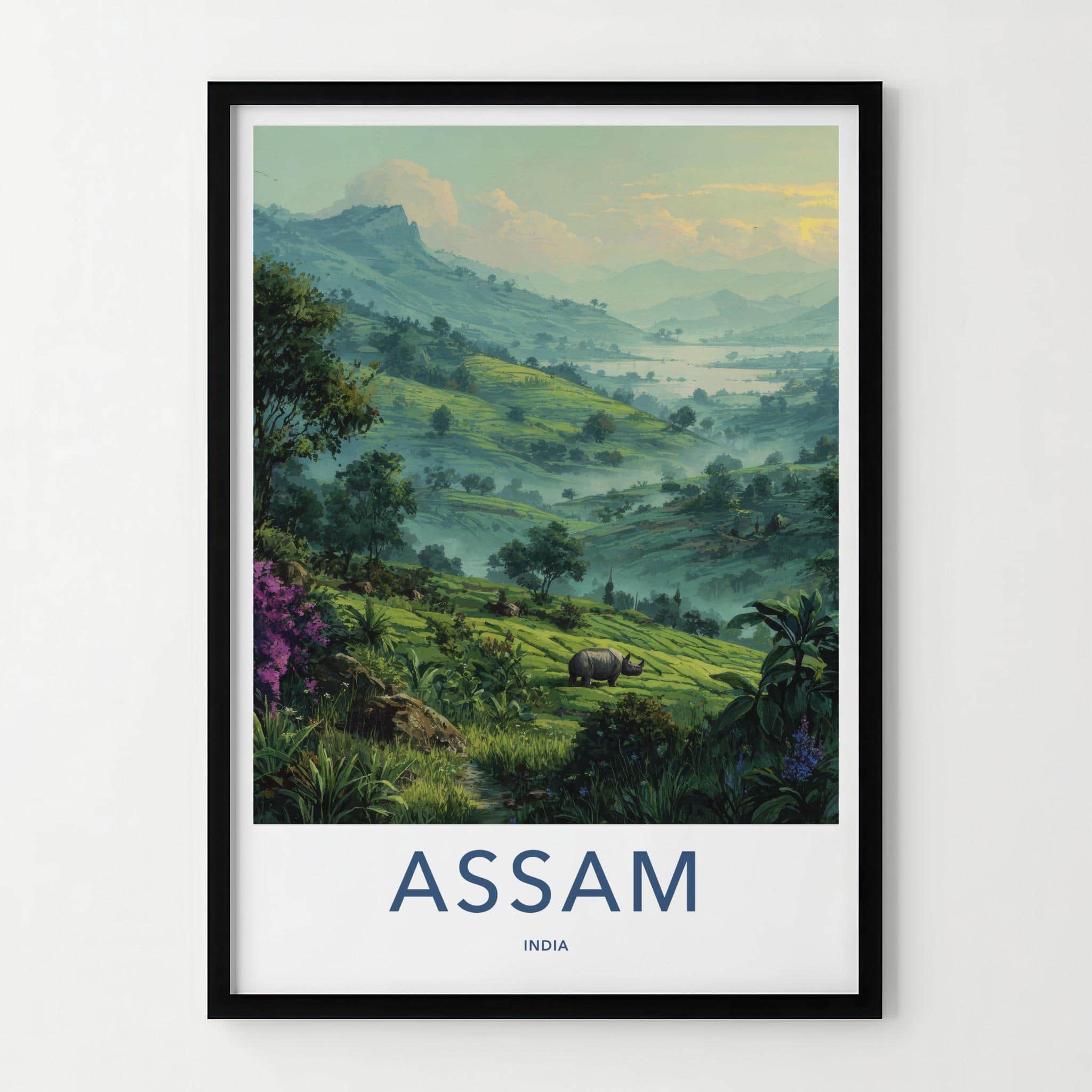 Assam Poster - India Travel Art - Rhinoceros lush hills Wall Decor