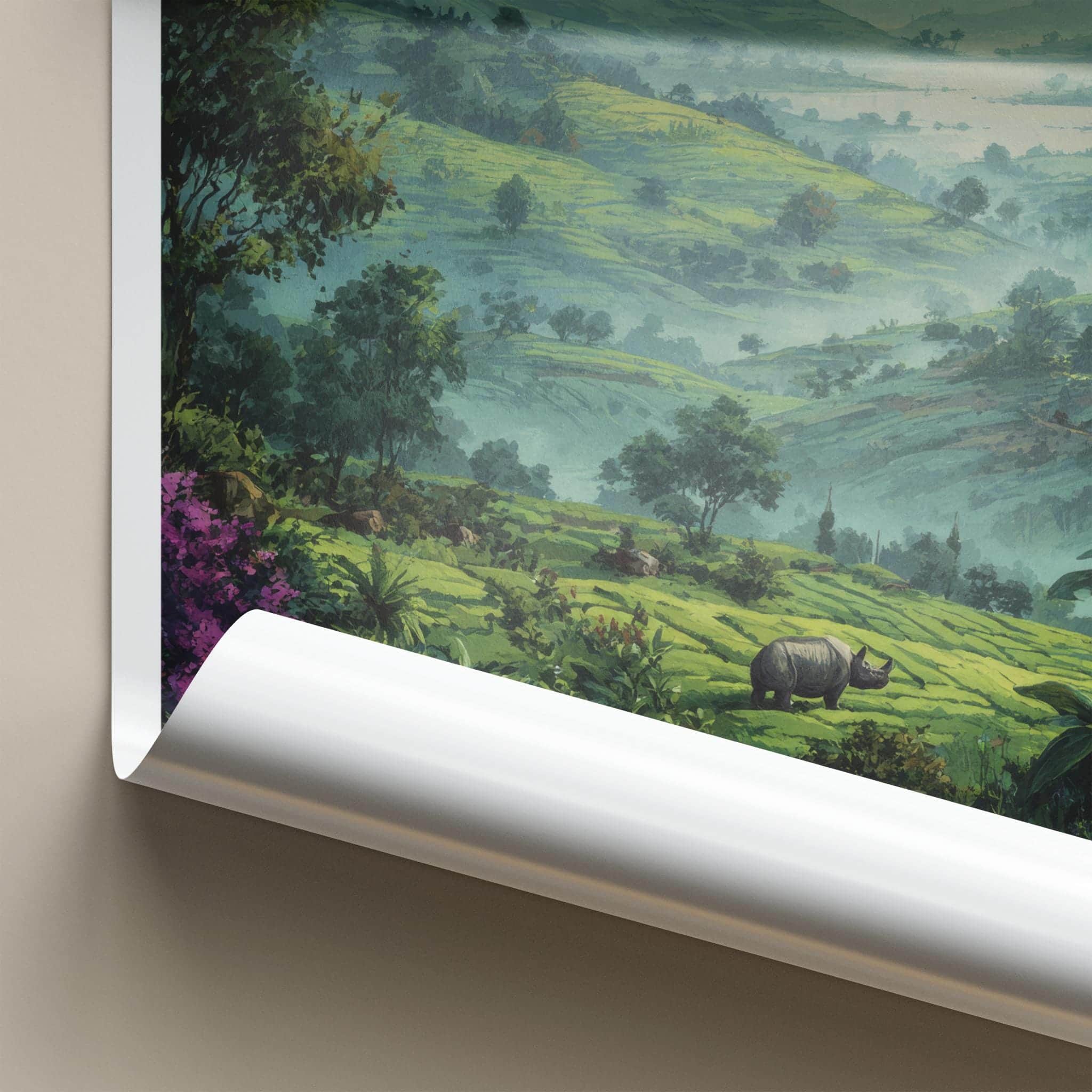 Assam Poster - India Travel Art - Rhinoceros lush hills Wall Decor