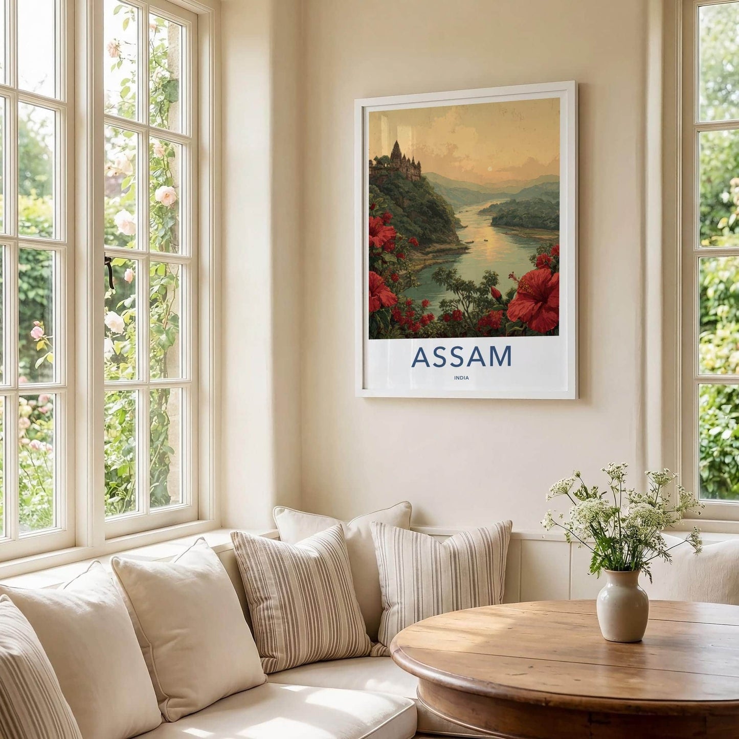 Assam Poster - India Travel Art - River temple sunset Wall Decor