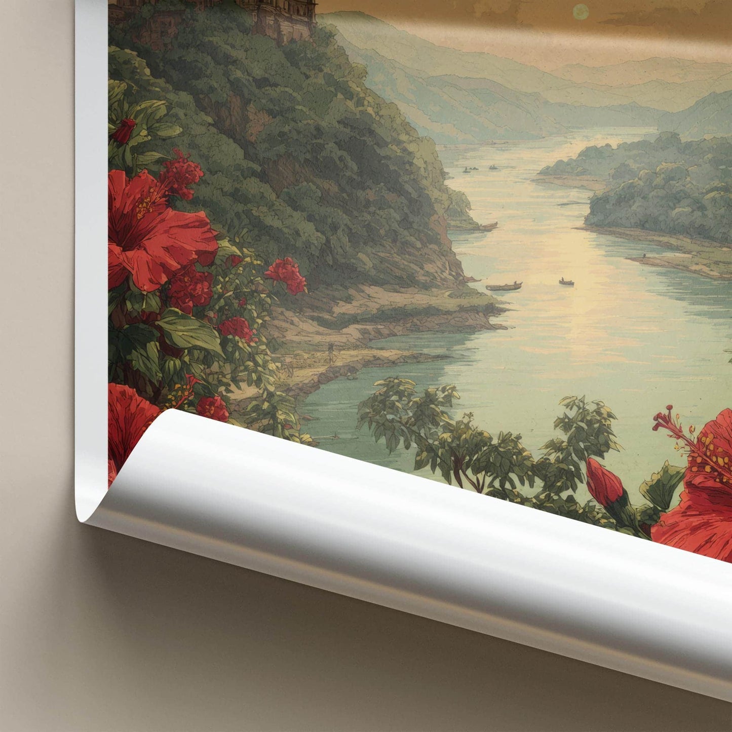 Assam Poster - India Travel Art - River temple sunset Wall Decor