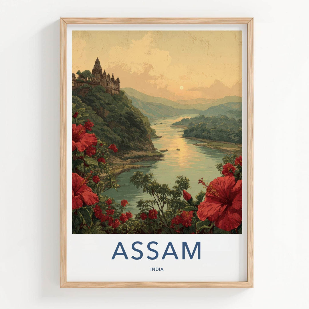 Assam Poster - India Travel Art - River temple sunset Wall Decor