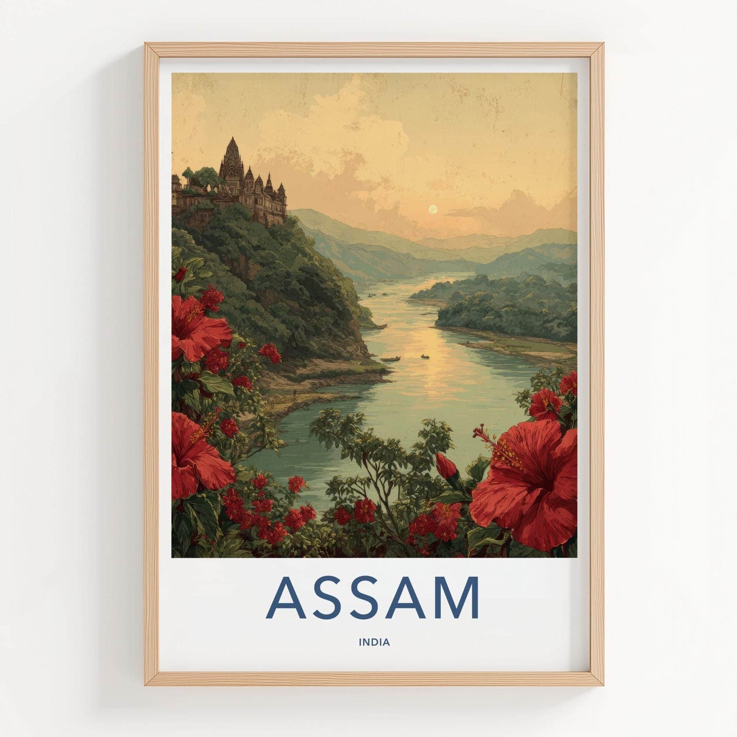 Assam Poster - India Travel Art - River temple sunset Wall Decor