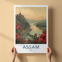 Assam Poster - India Travel Art - River temple sunset Wall Decor