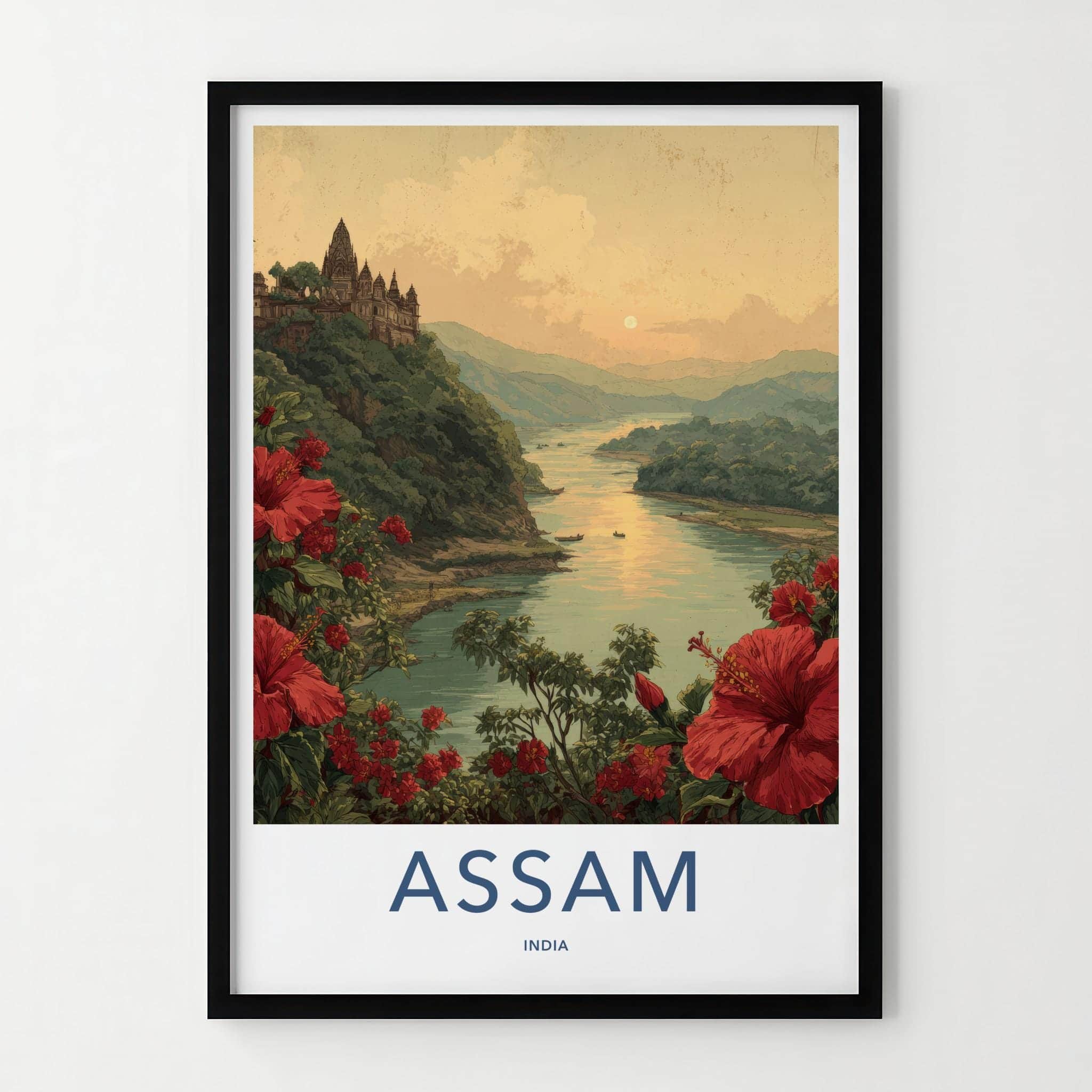 Assam Poster - India Travel Art - River temple sunset Wall Decor