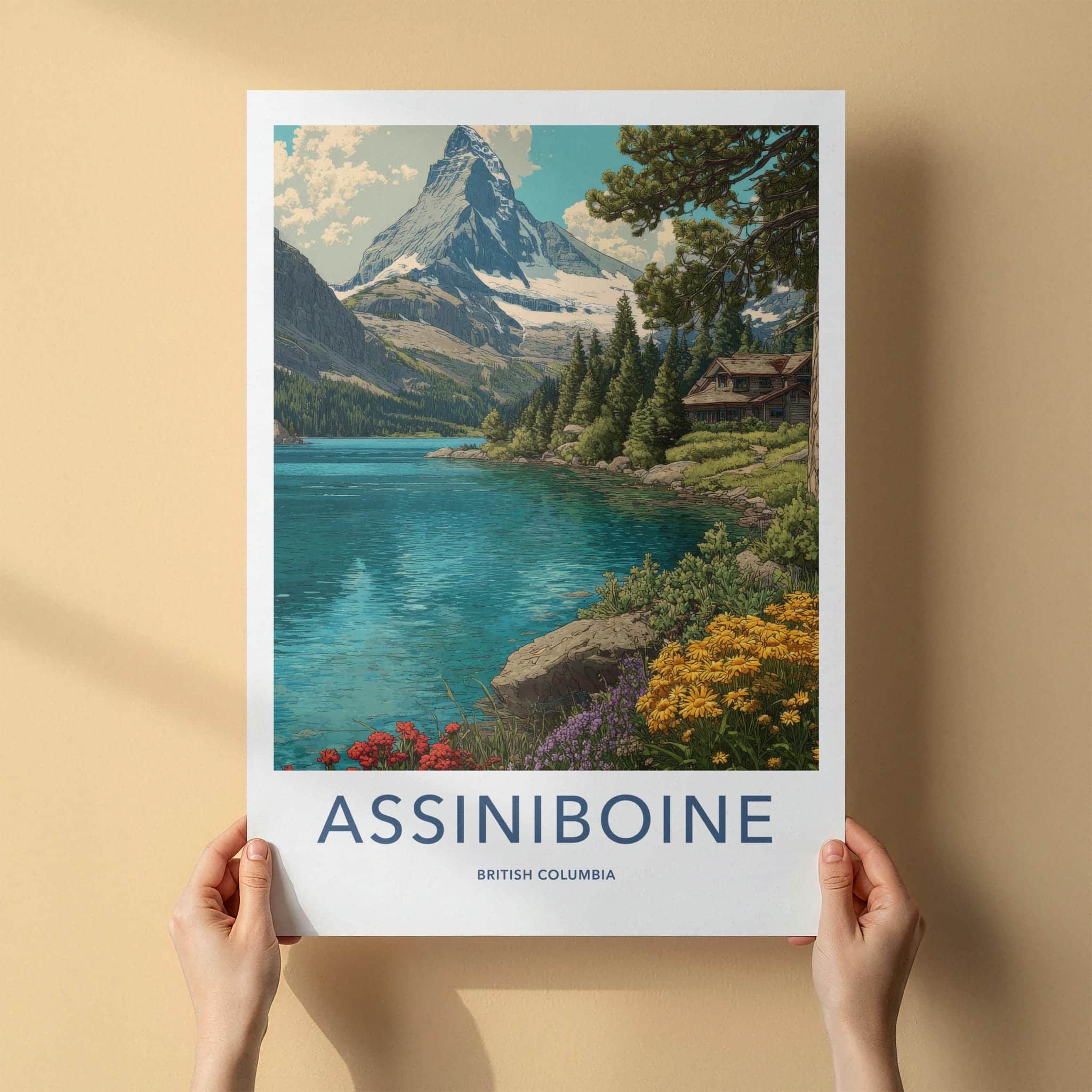 Assiniboine Poster - British Columbia Wall Art - Lake mountain cabin Home Decor