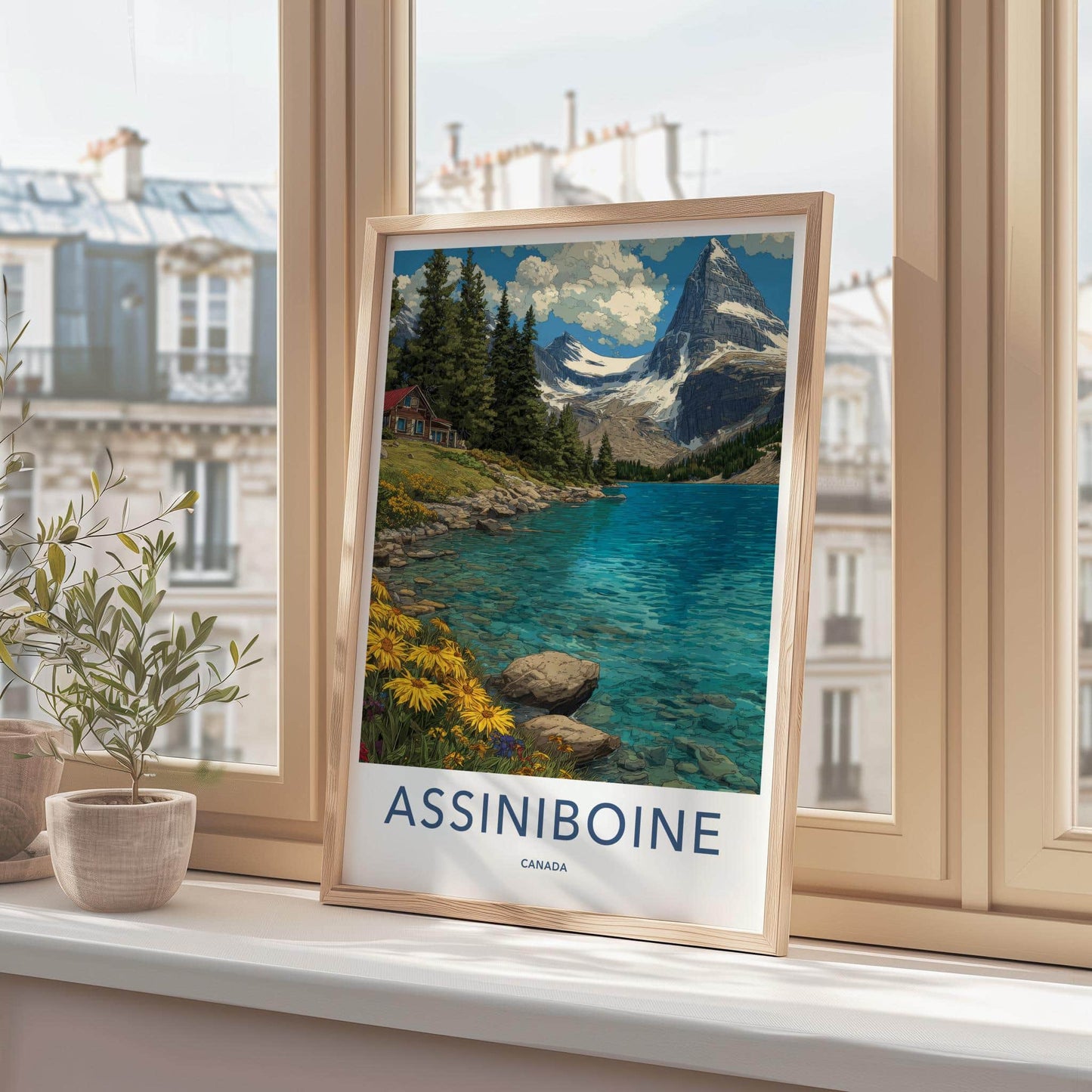 Assiniboine Poster - Canada Travel Art - Lake Mountain Cabin Wall Decor