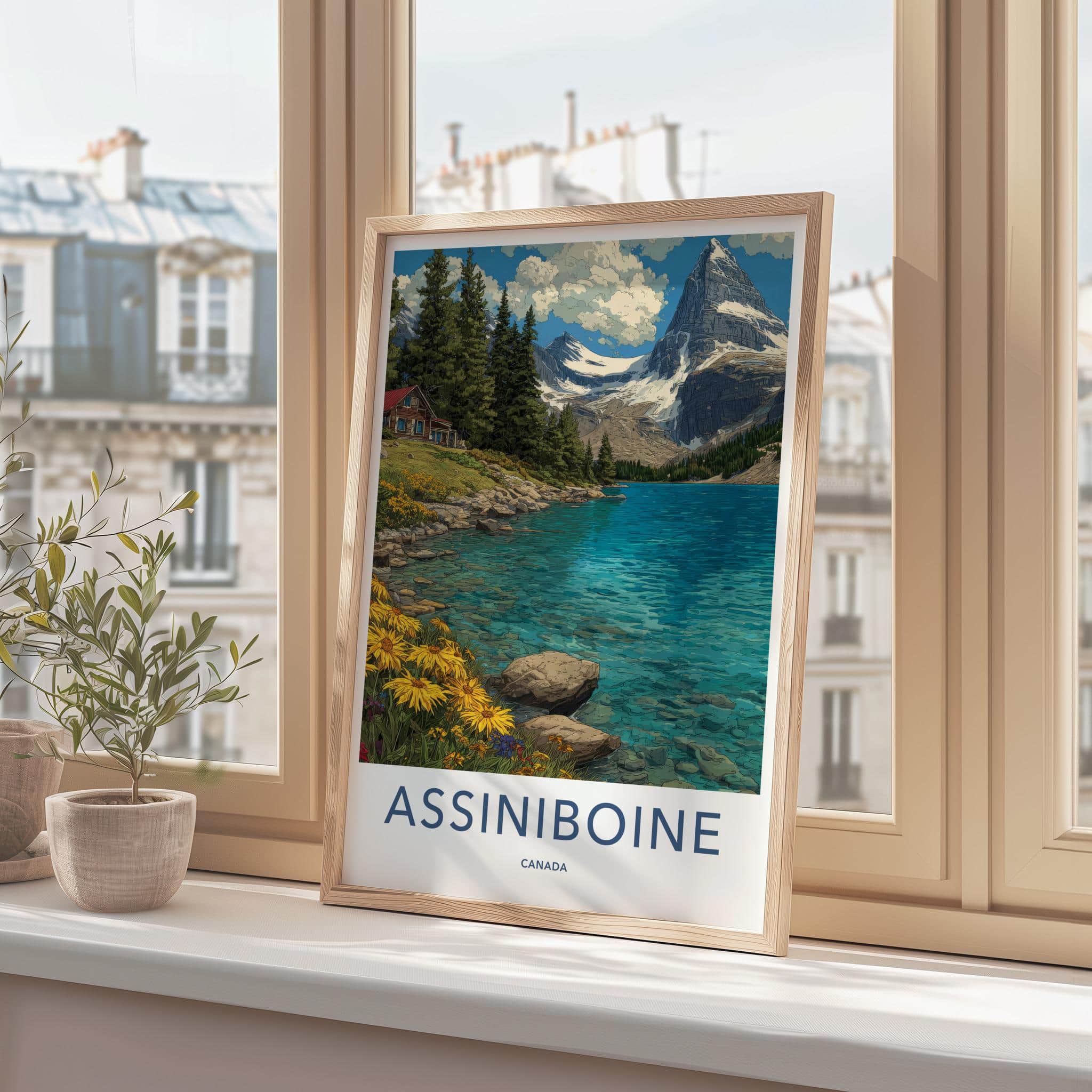 Assiniboine Poster - Canada Travel Art - Lake Mountain Cabin Wall Decor