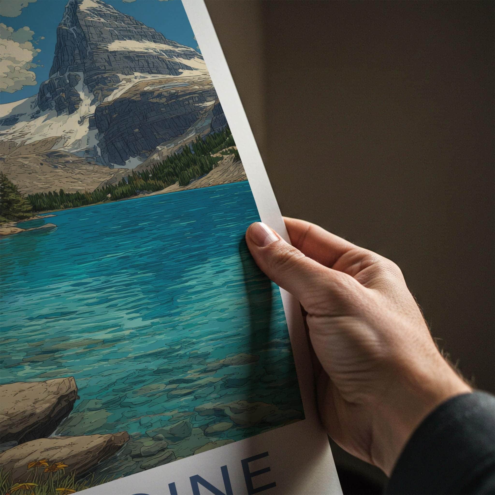 Assiniboine Poster - Canada Travel Art - Lake Mountain Cabin Wall Decor