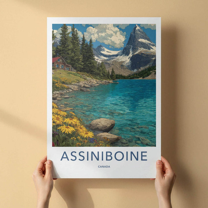 Assiniboine Poster - Canada Travel Art - Lake Mountain Cabin Wall Decor