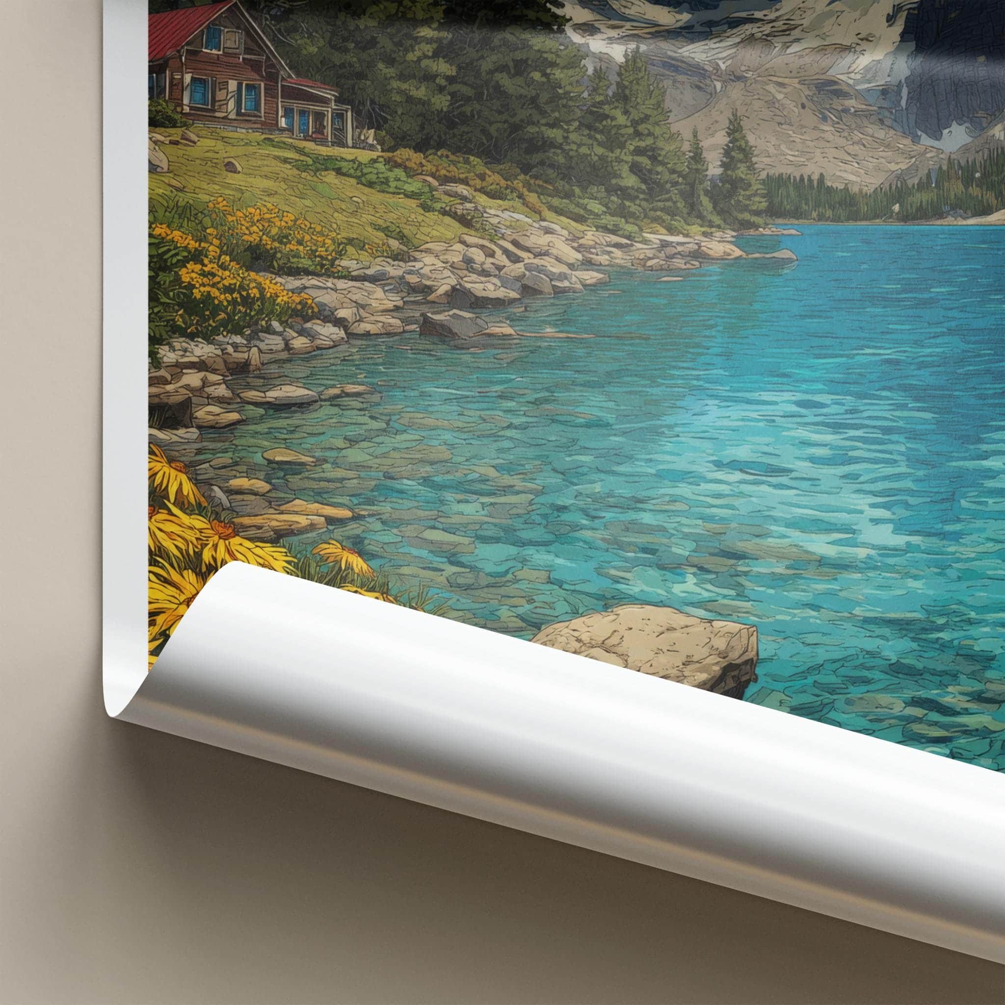 Assiniboine Poster - Canada Travel Art - Lake Mountain Cabin Wall Decor