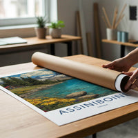 Assiniboine Poster - Canada Travel Art - Lake Mountain Cabin Wall Decor