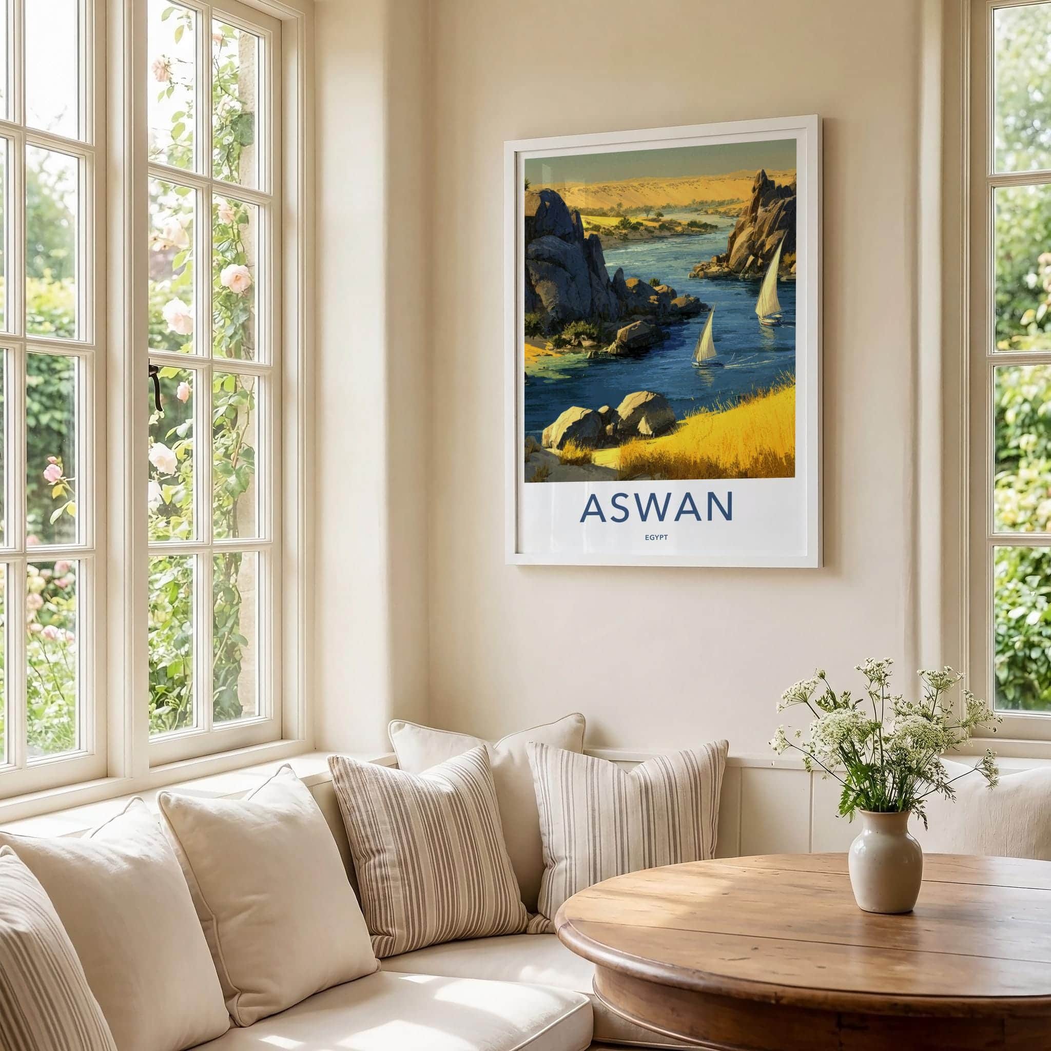 Aswan Poster - Egypt Framed Print - Nile River Boats Lounge Decor