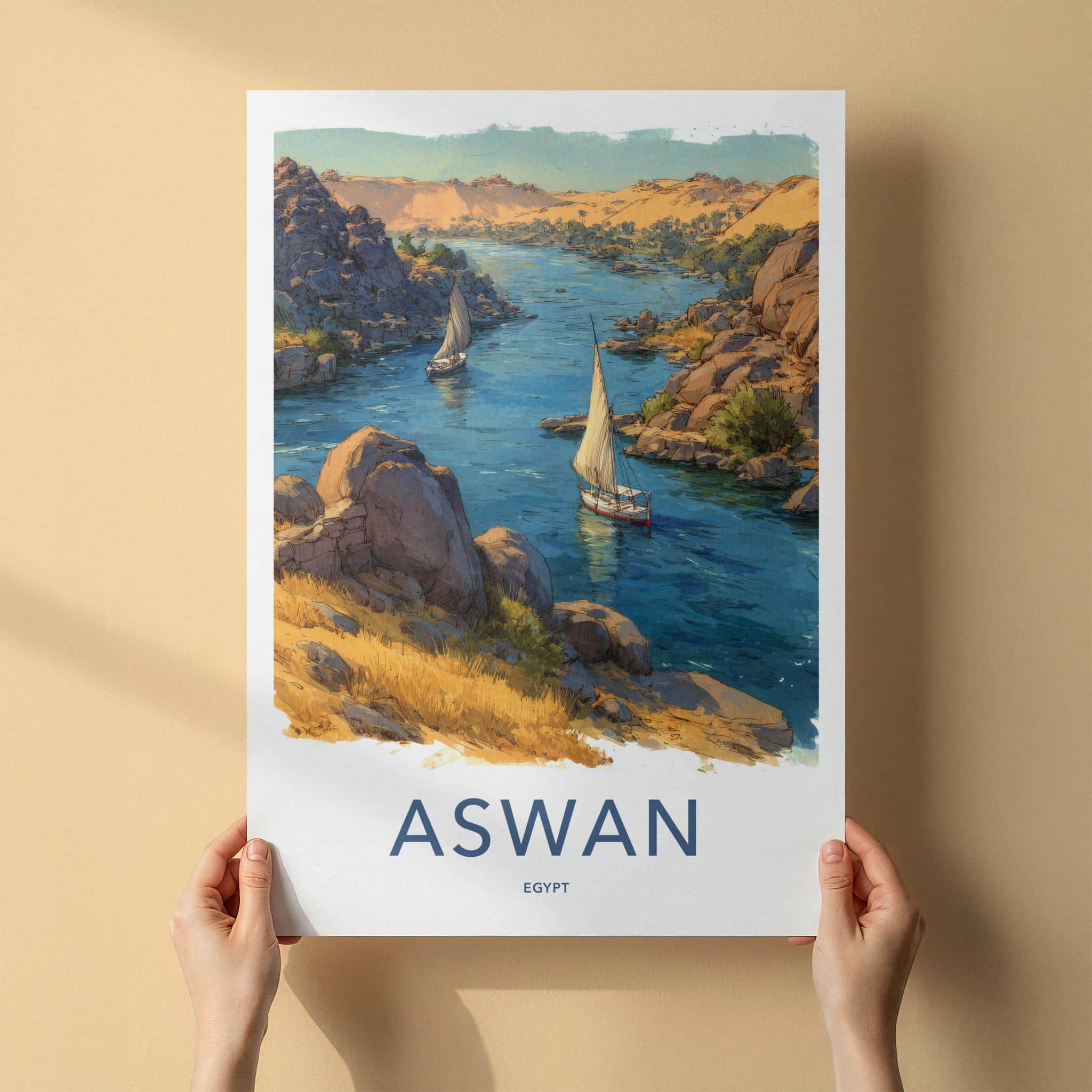 Aswan Poster - Egypt Scenic Art - Nile river boats Lounge Decor