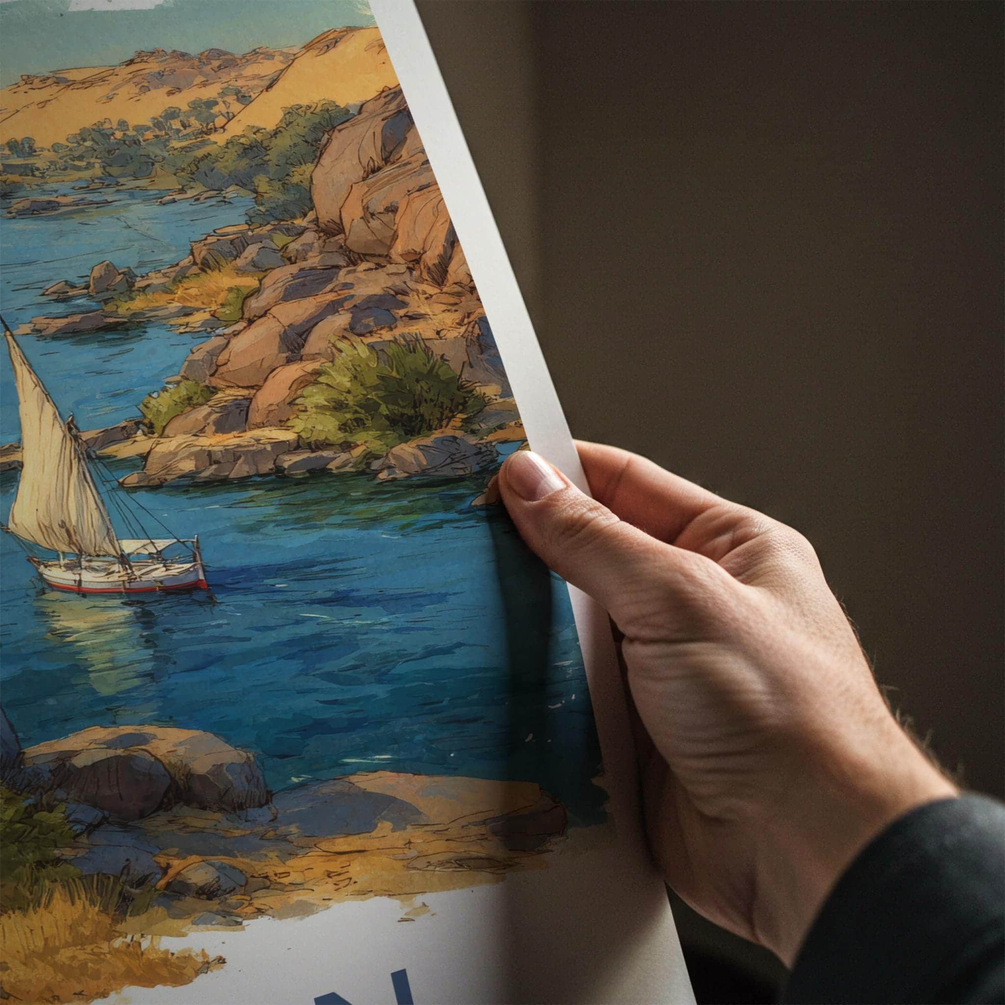 Aswan Poster - Egypt Scenic Art - Nile river boats Lounge Decor