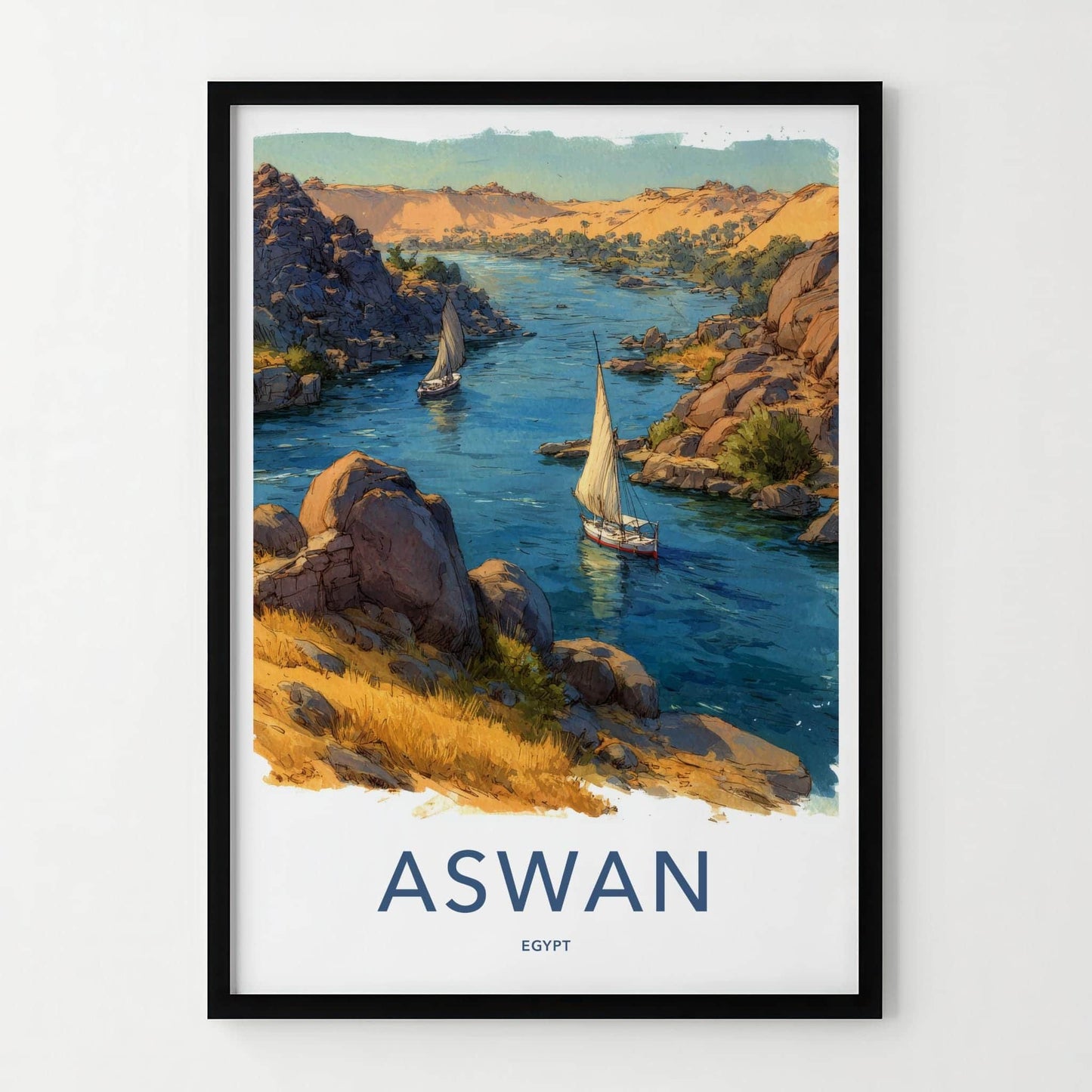 Aswan Poster - Egypt Scenic Art - Nile river boats Lounge Decor
