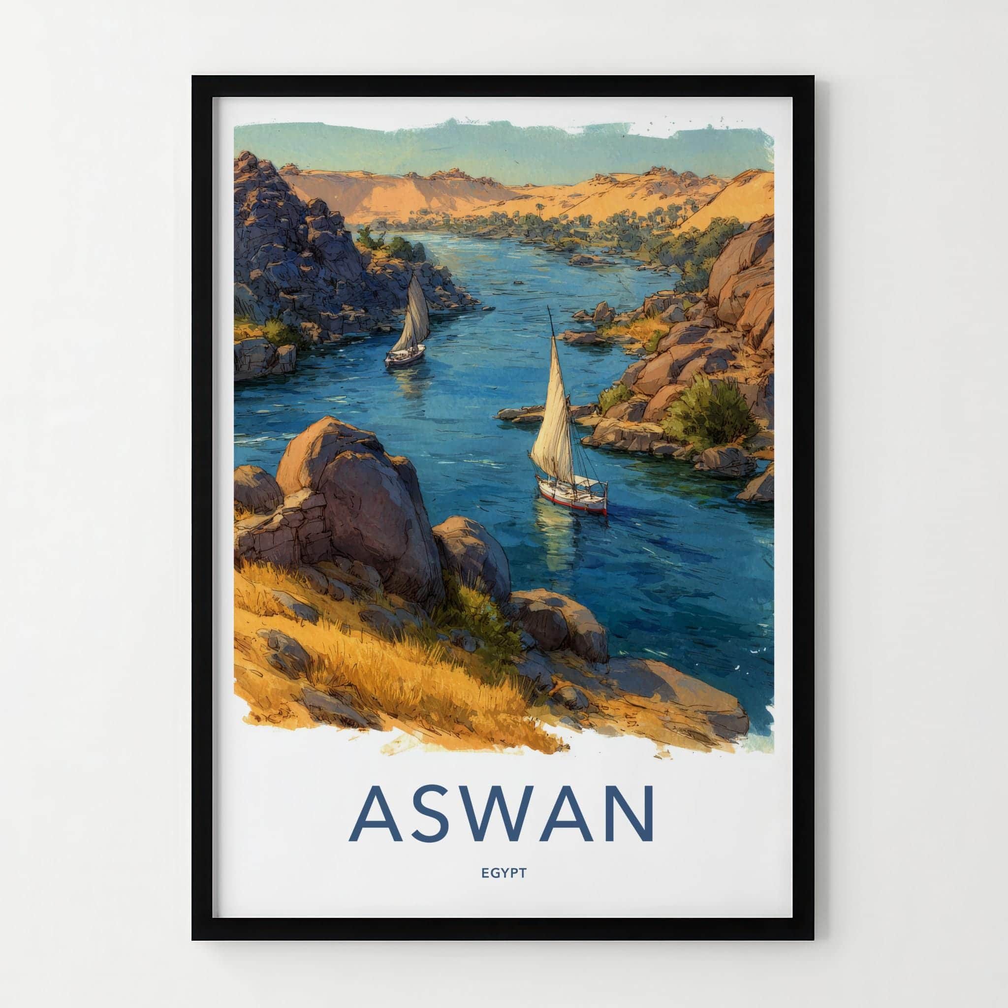 Aswan Poster - Egypt Scenic Art - Nile river boats Lounge Decor