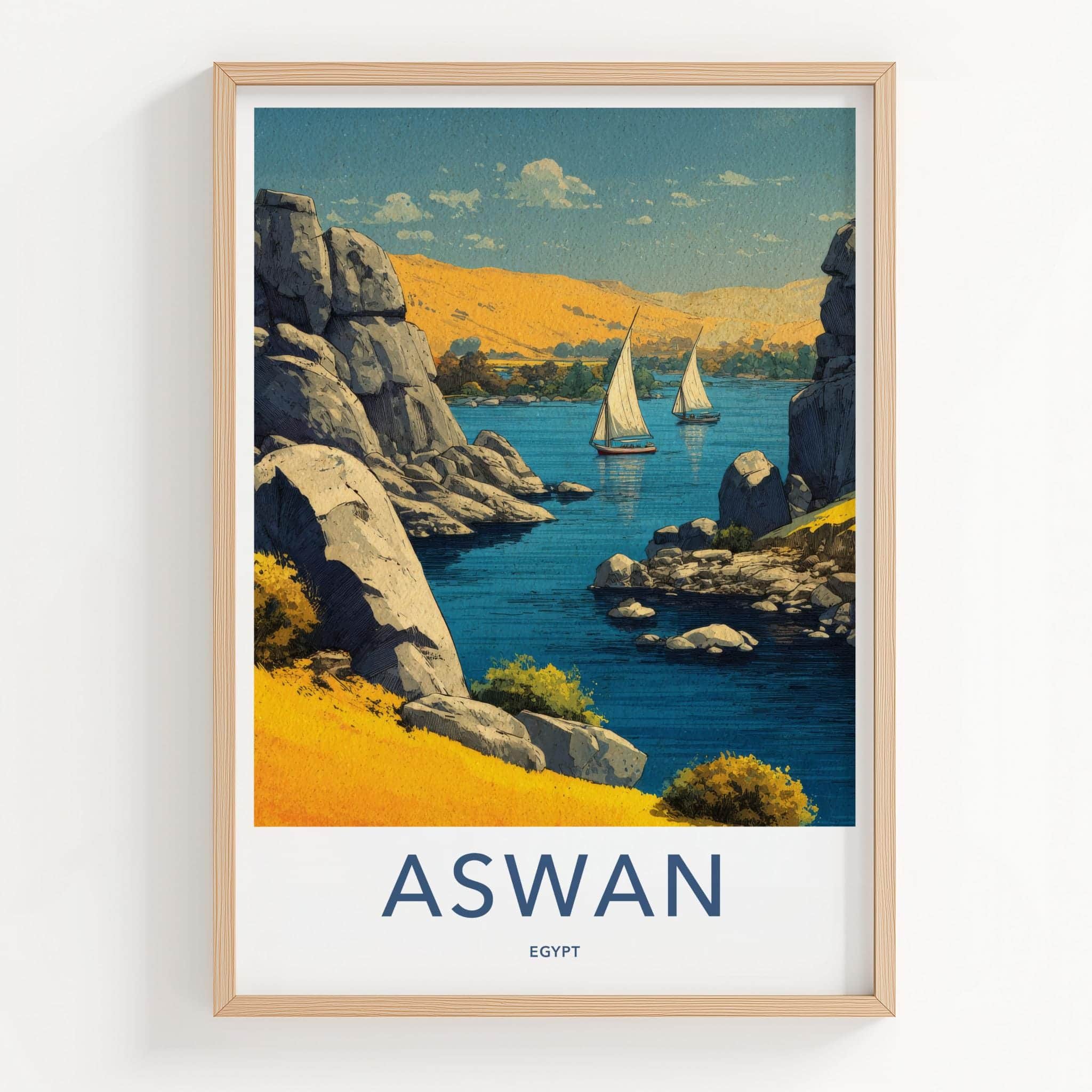 Aswan Poster - Egypt Travel Print - Nile Sailboats Home Decor