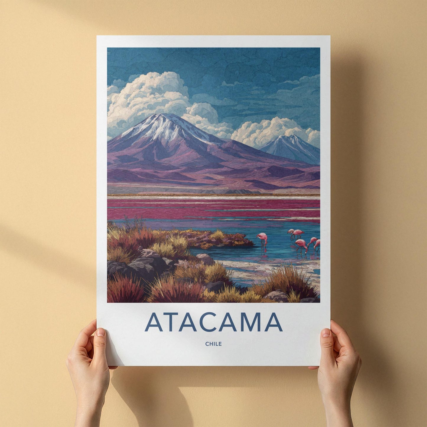 Atacama Poster - Chile Travel Art - Mountain Lake Flamingos Wall Decor